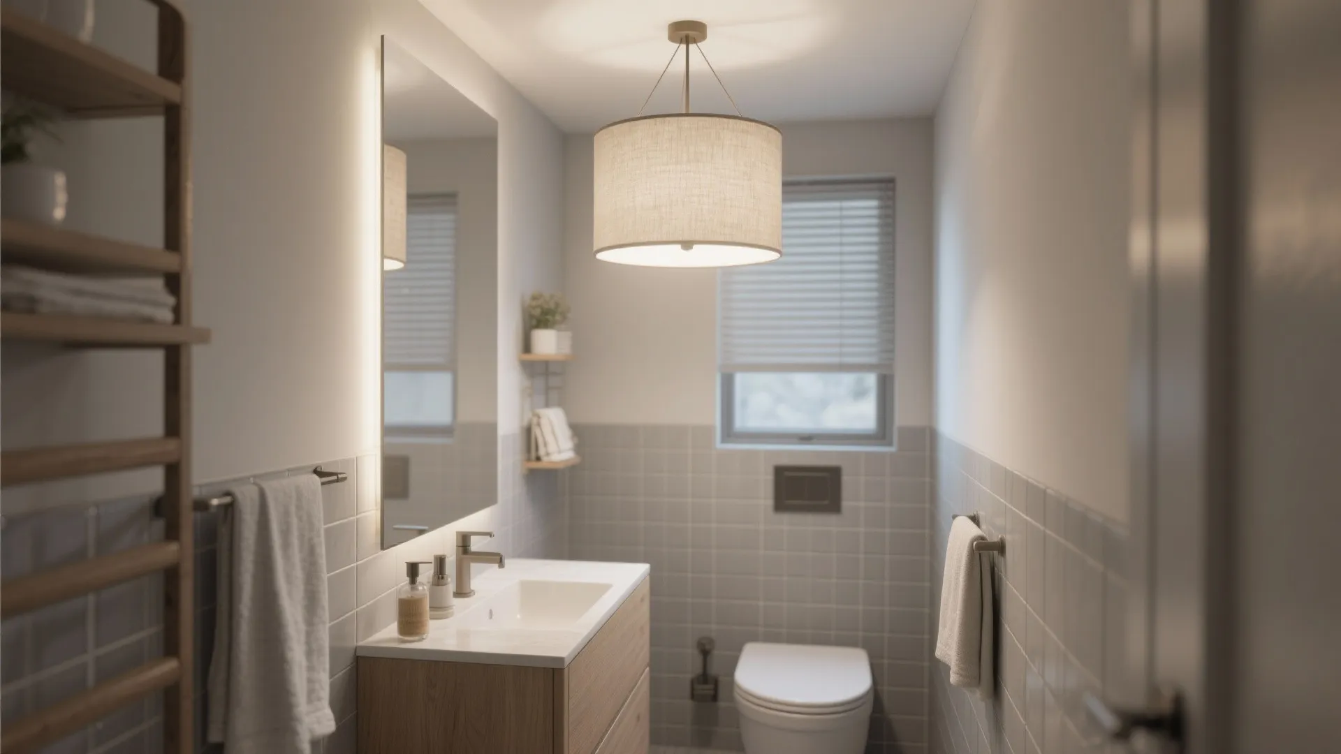 Modern bathroom with a wooden cabinet white sink toilet large mirror and a ceiling light