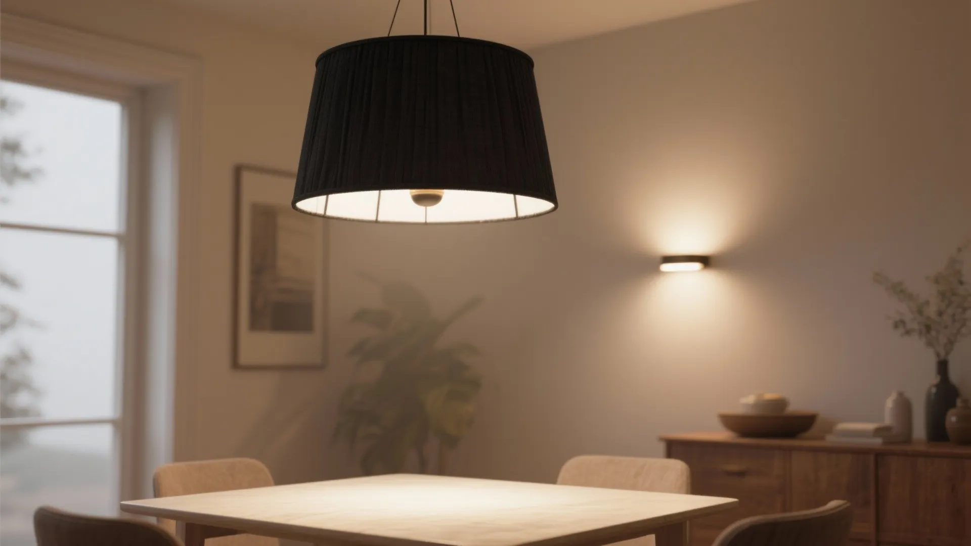 Modern dining room featuring a black ceiling light over a wooden table with beige chairs