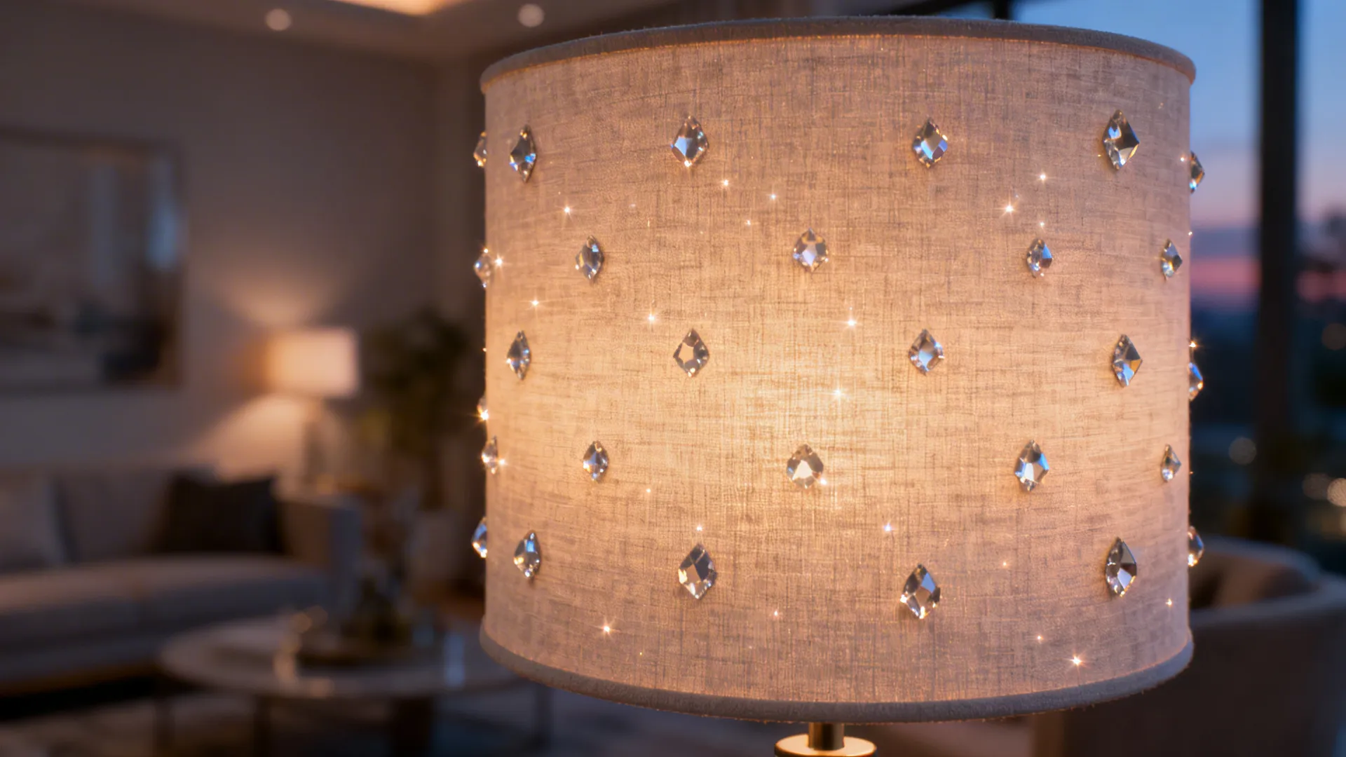 Drum lamp shade with embedded crystal accents glowing softly in evening ambient light.