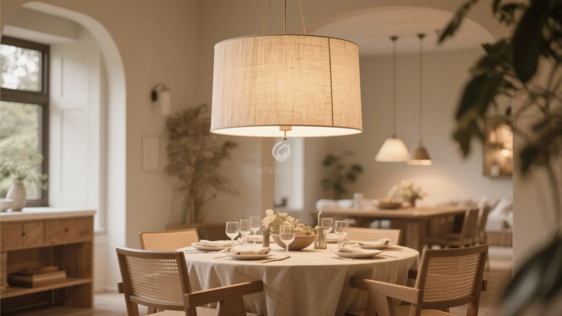 Dining table with large fabric ceiling light wooden chairs white tablecloth and warm interior room lighting