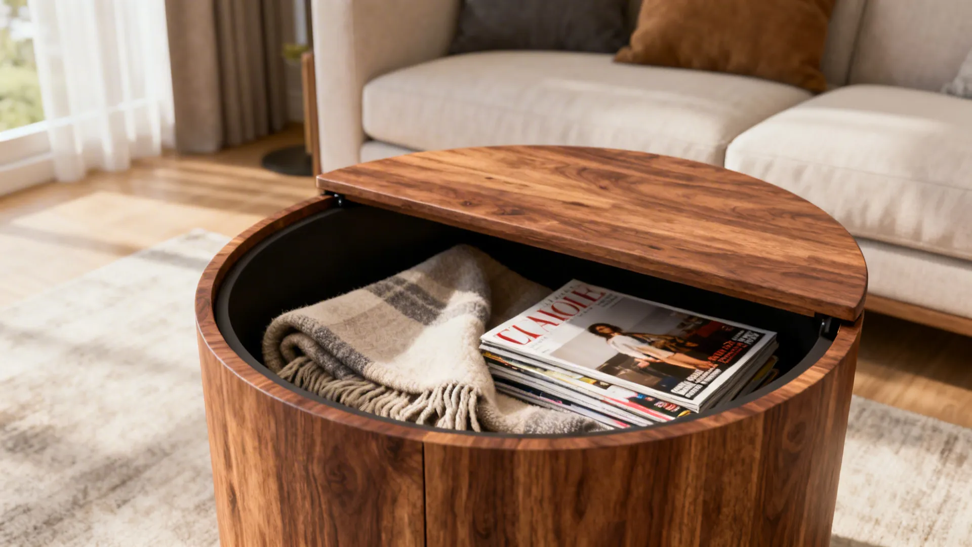 Round drum end table with removable top revealing hidden storage for throws and magazines.