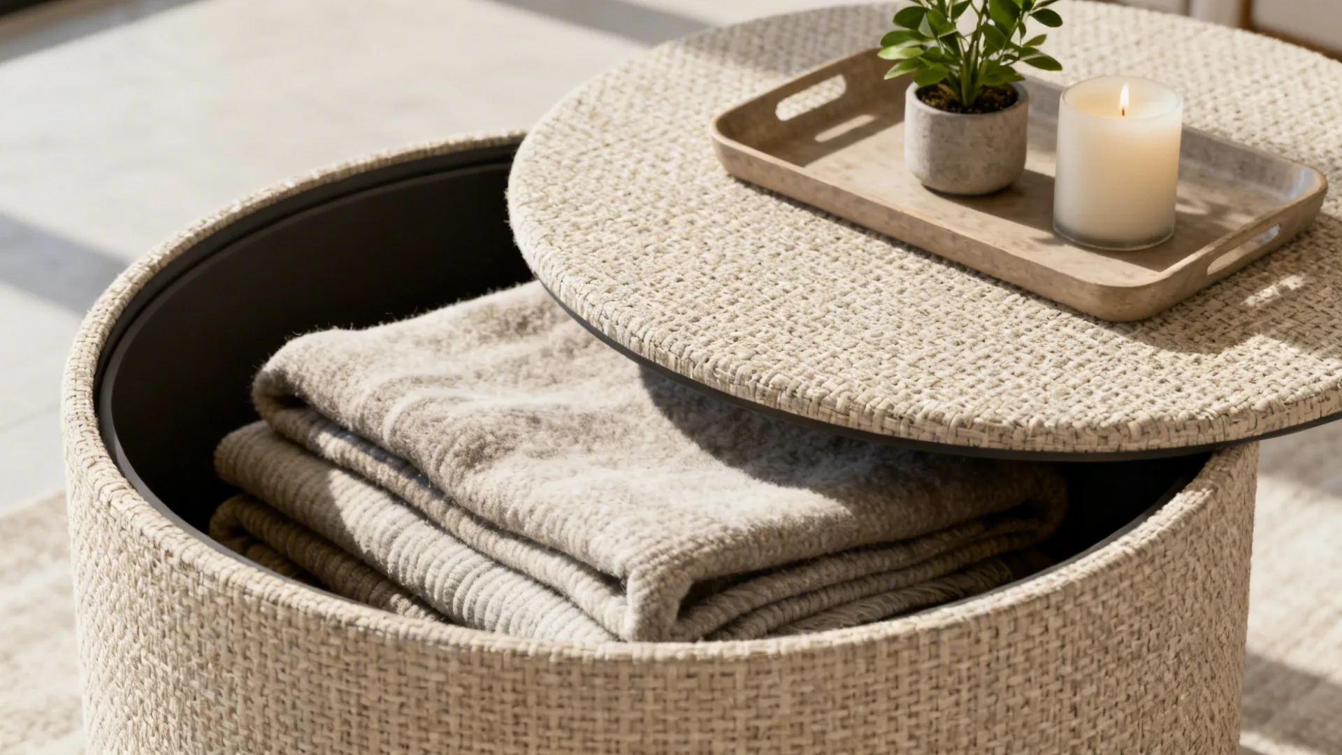 Round drum-style table with removable lid revealing blankets stored inside, styled with a tray on top.