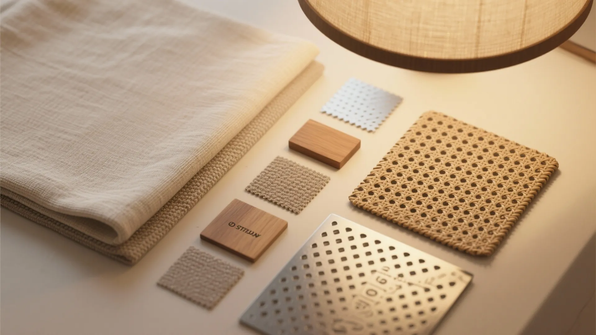 Top-down flatlay of linen, rattan, and perforated metal drum shade material samples with wood and metal swatches