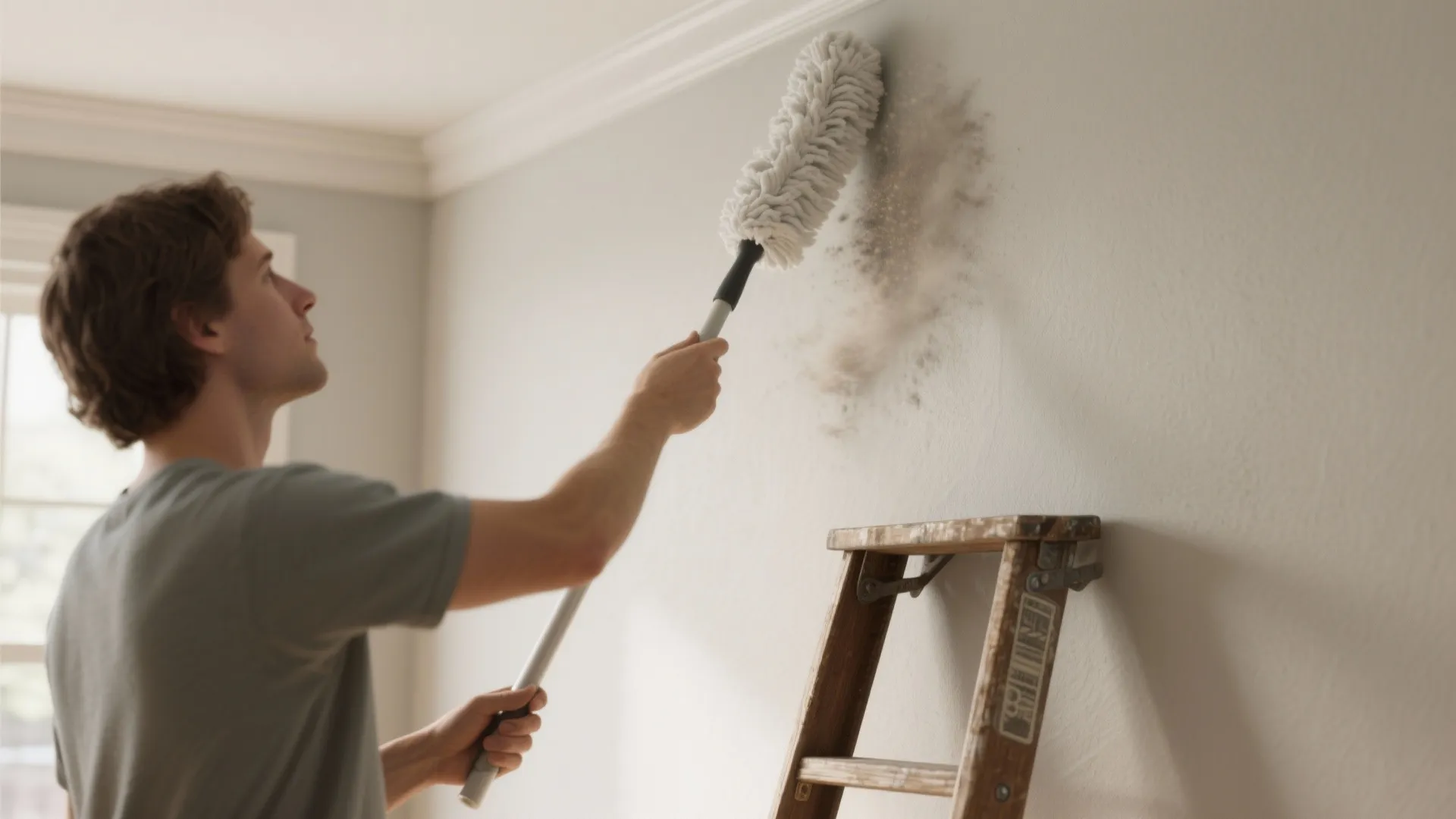 Man on a ladder using a long duster to clean dust off a high wall