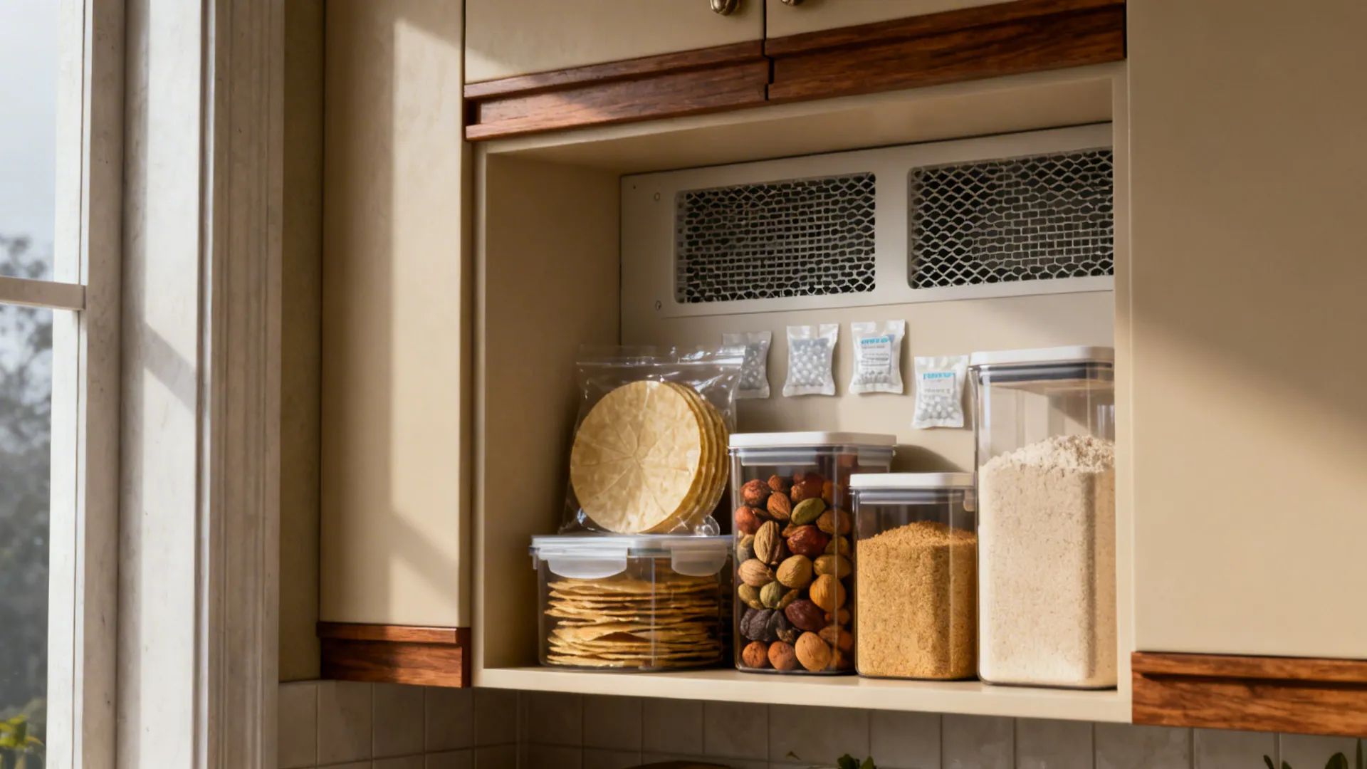 Kitchen cabinet shelf storage area containing clear plastic containers with nuts and grains and packets