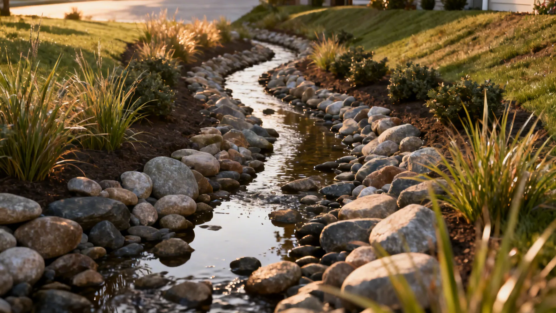 Meandering dry creek bed of mixed river rock flanked by ornamental grasses in a narrow front yard.