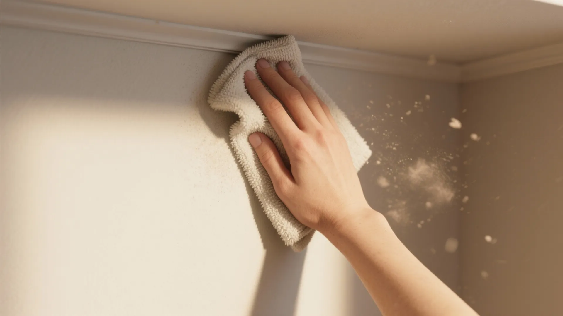 Person using a white cloth to wipe dust from a light colored wall near the ceiling