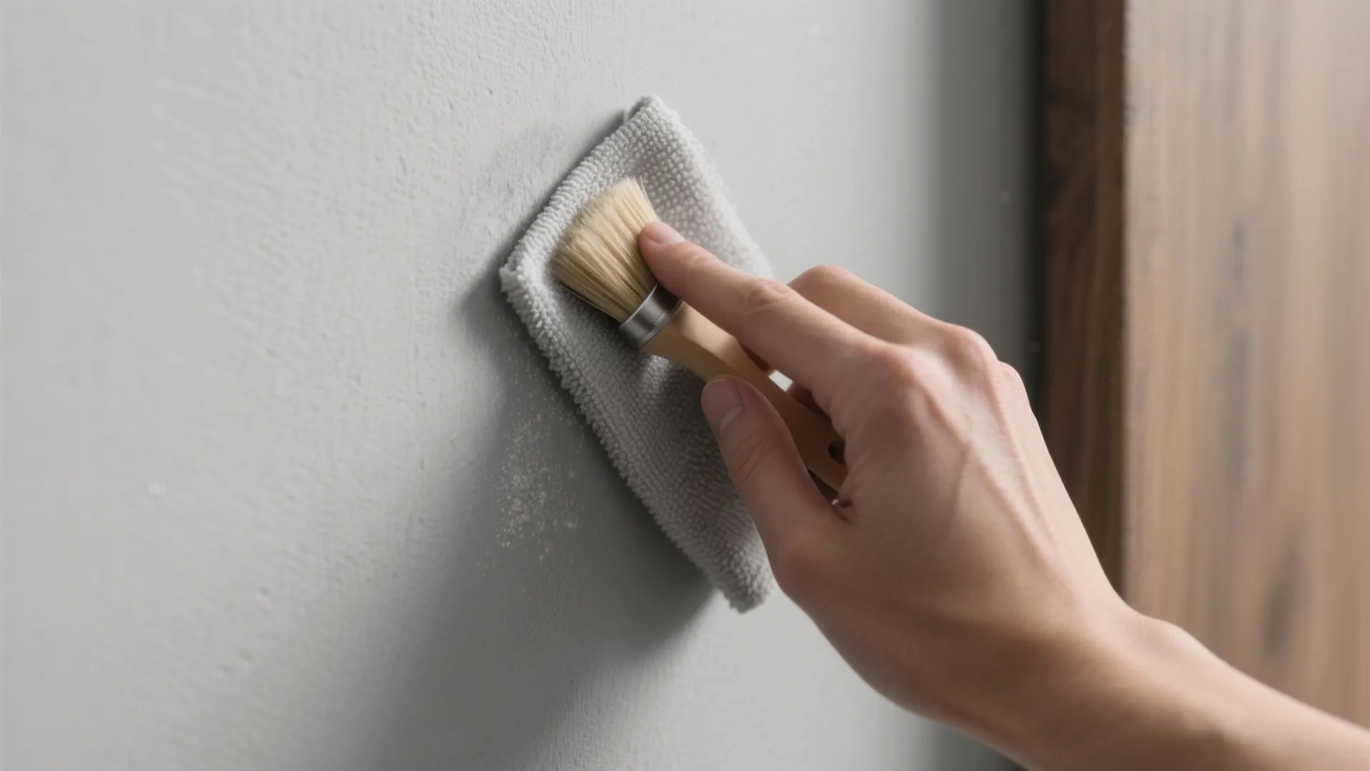 Hand using a small brush and cloth to clean dust from a grey painted wall
