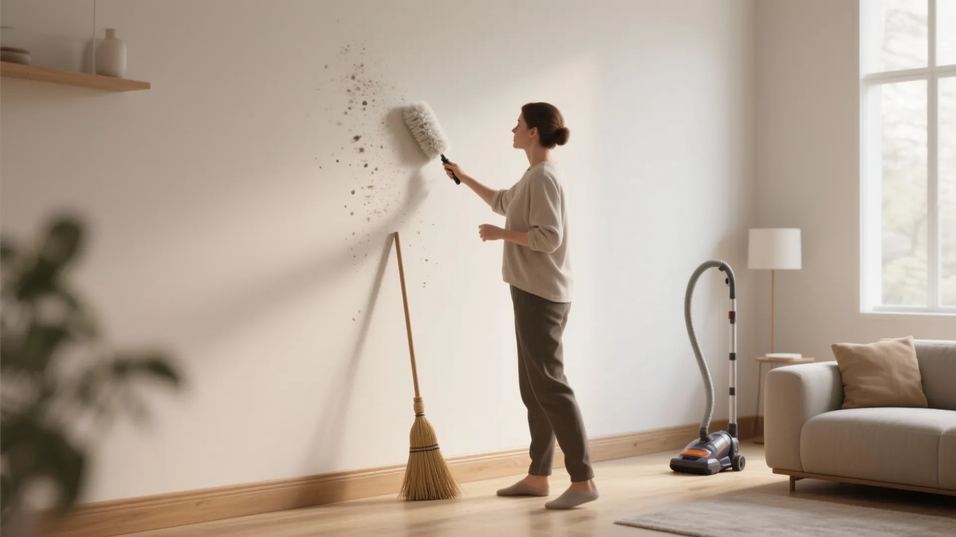 Person dry-dusting a matte-painted wall with a microfiber duster and soft-bristle brush, vacuumed baseboard visible.
