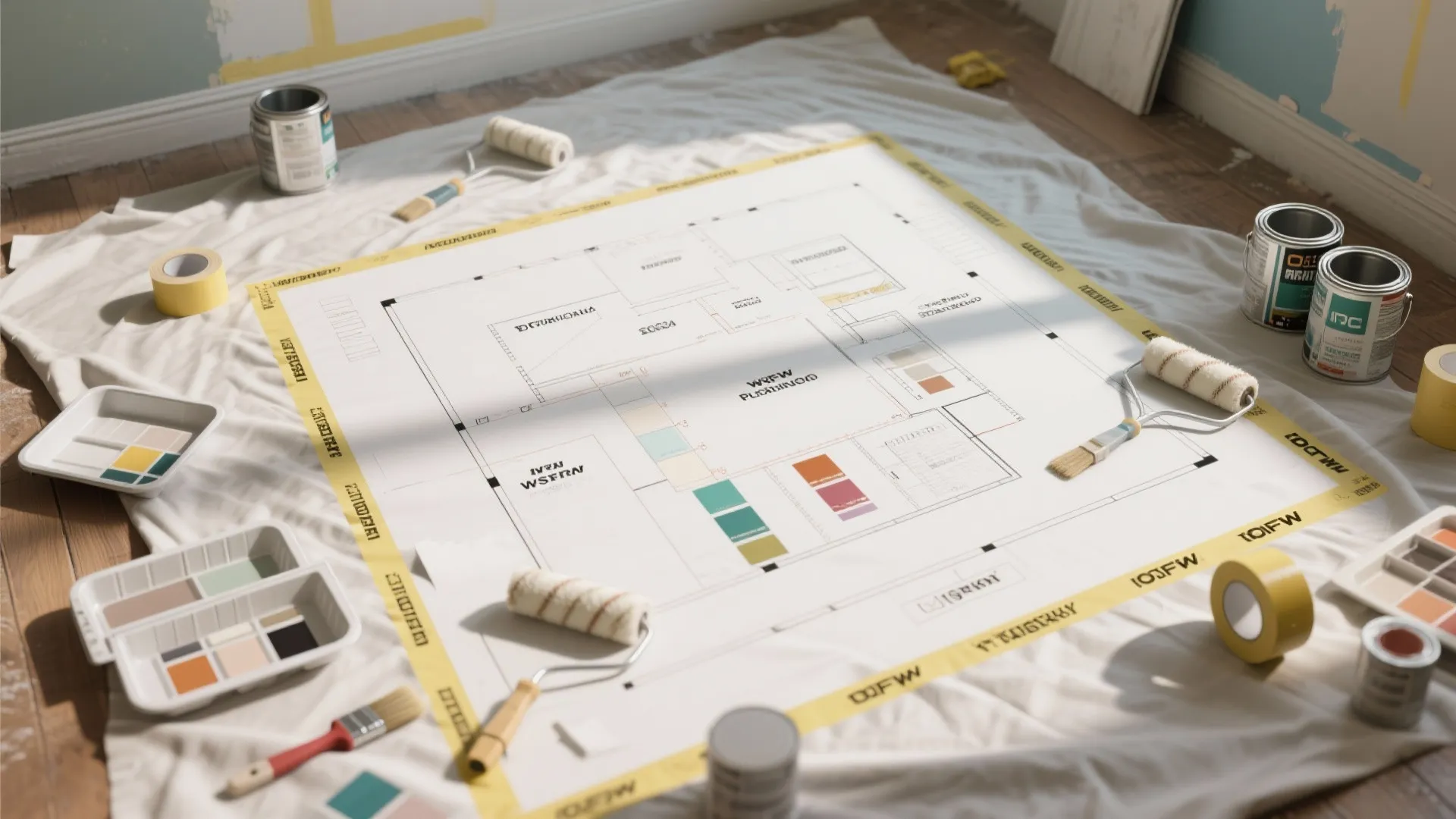 Top-down view of a painting dry-run with taped floor plan, labeled zones, tools, and paint samples.