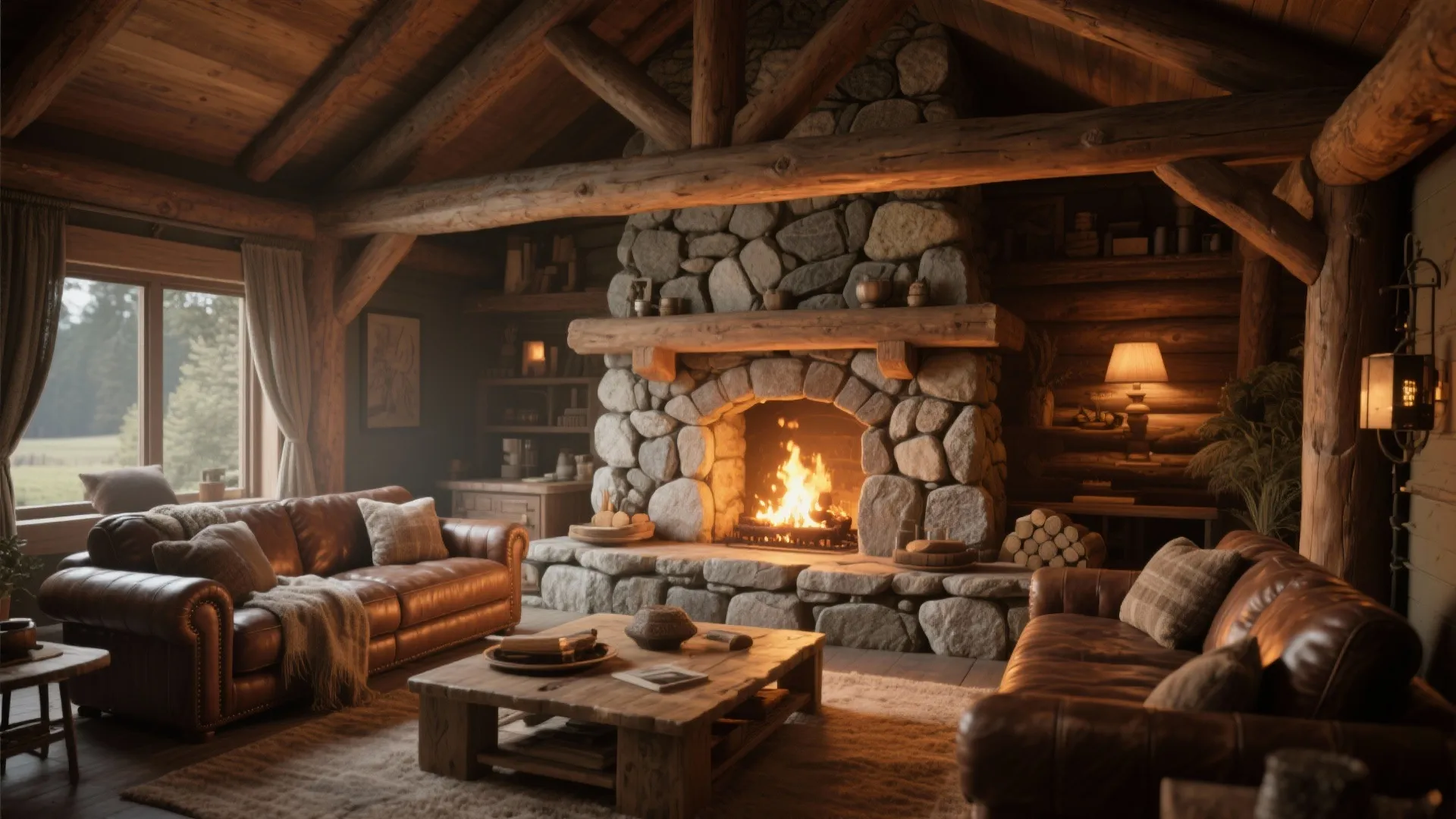 Lodge-style living room with dry-stack stone wall