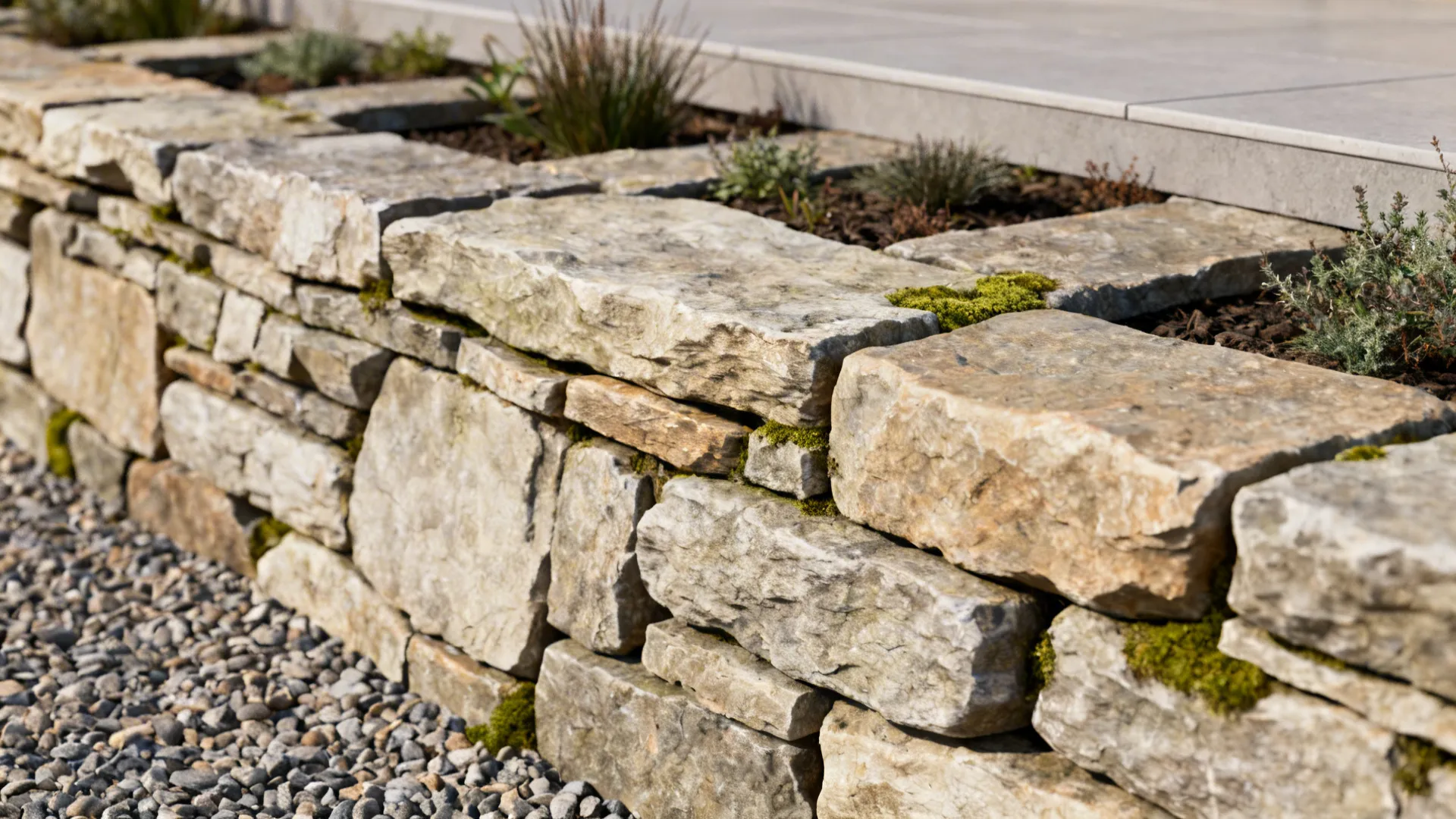 Close-up of a dry-stacked stone retaining wall with gravel base and small groundcovers