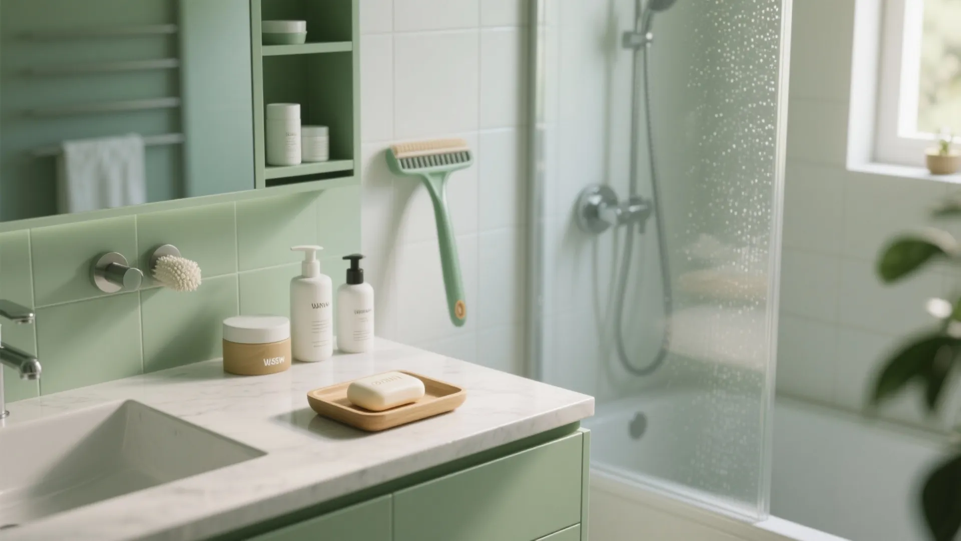 Modern green bathroom vanity featuring white marble sink soap dish bottles and a clear glass shower