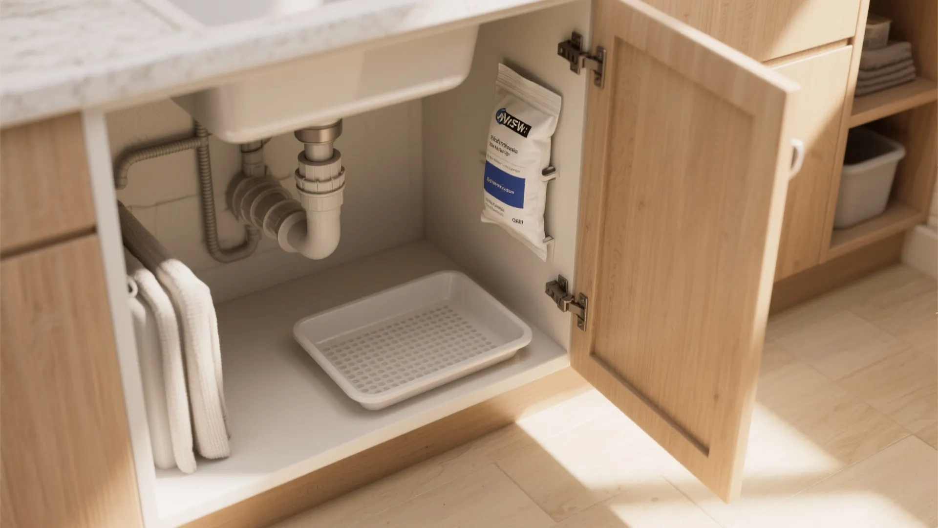 Open wooden cabinet under white kitchen sink with drainage pipes a tray and hanging packet