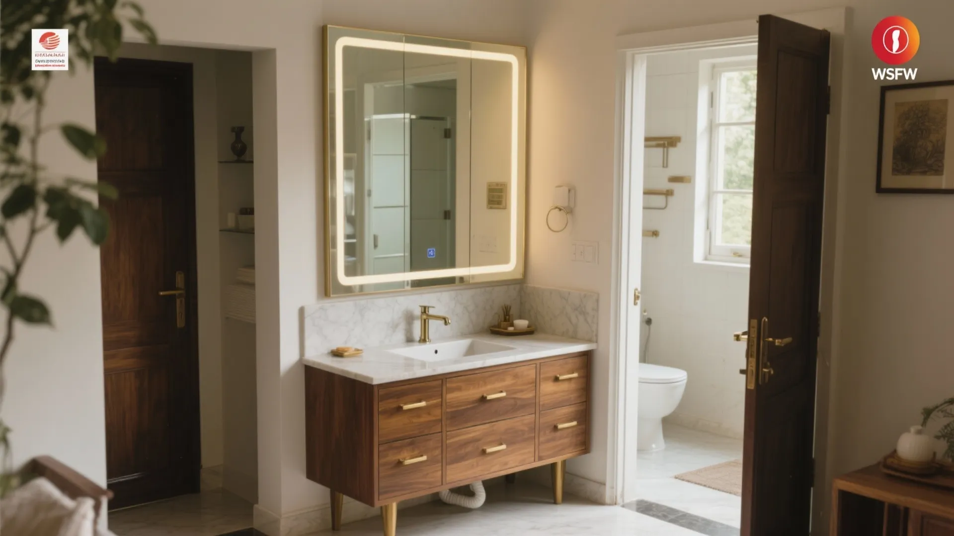 Modern bathroom with a wooden cabinet white marble sink and large square mirror with light