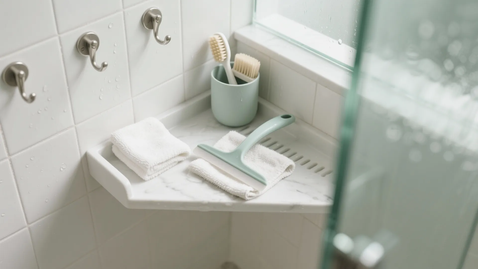Top-down view of a shower corner with squeegee, microfiber cloth, and hooks arranged for a daily dry-then-wet routine.