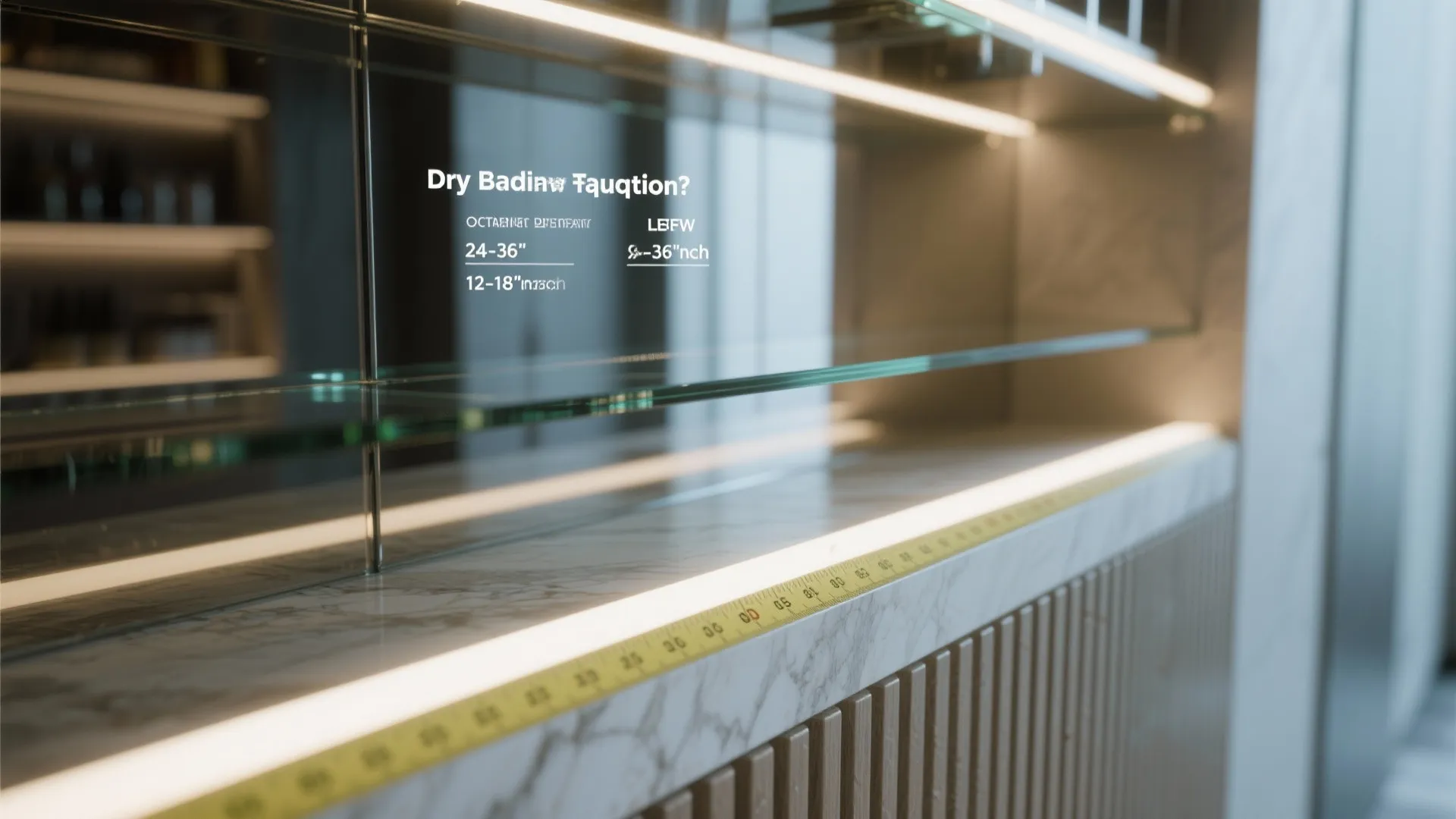 Close up of glass shelves with built in lights and measuring tape for dry bar