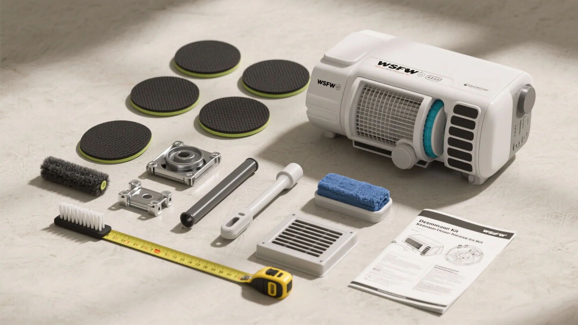 Flatlay of dryer accessories including anti-vibration pads, dehumidifier, stacking kit parts, and lint brush on a neutral background.