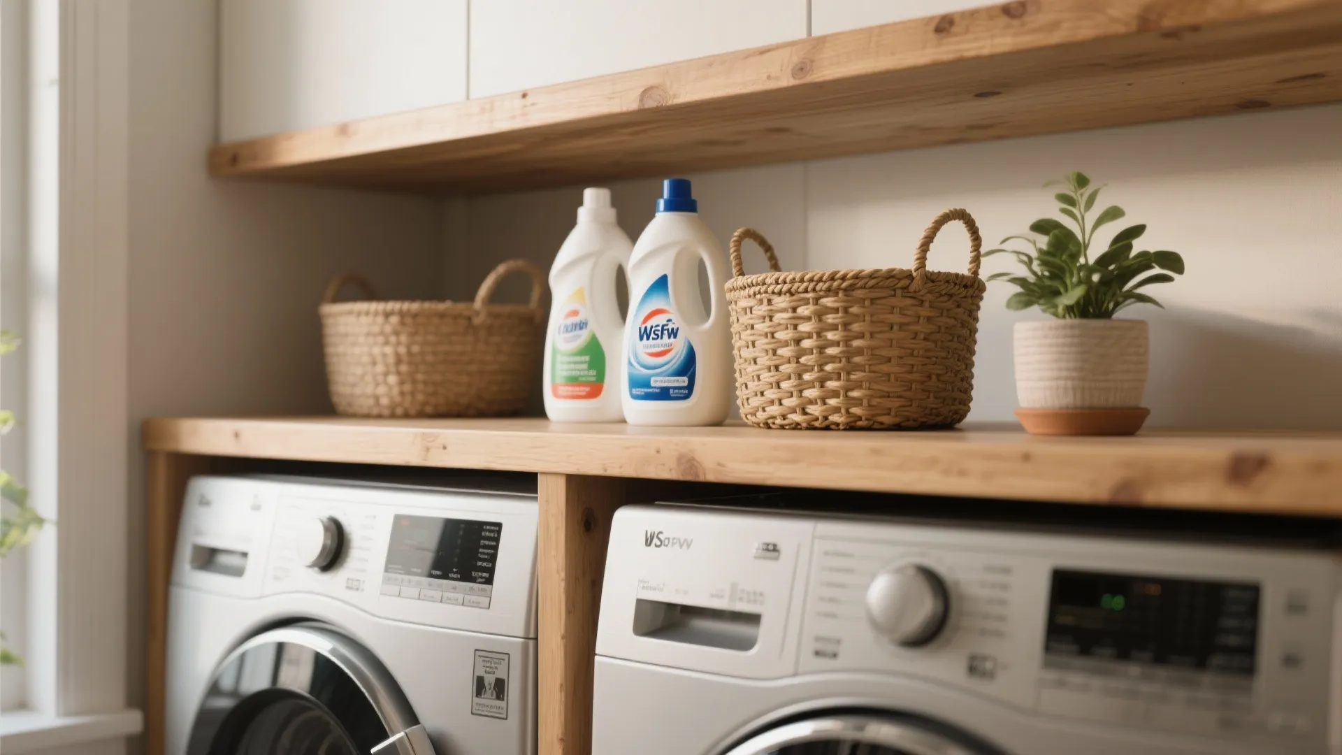 Silver washing machines below wooden shelves with detergent bottles woven baskets and a small plant