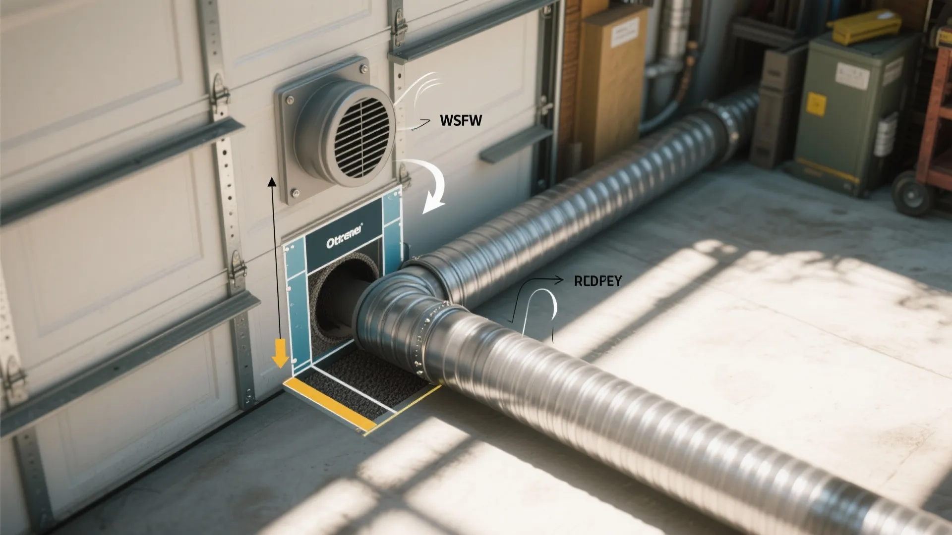 Metal ventilation pipe connected to a wall vent through garage door with arrows and labels