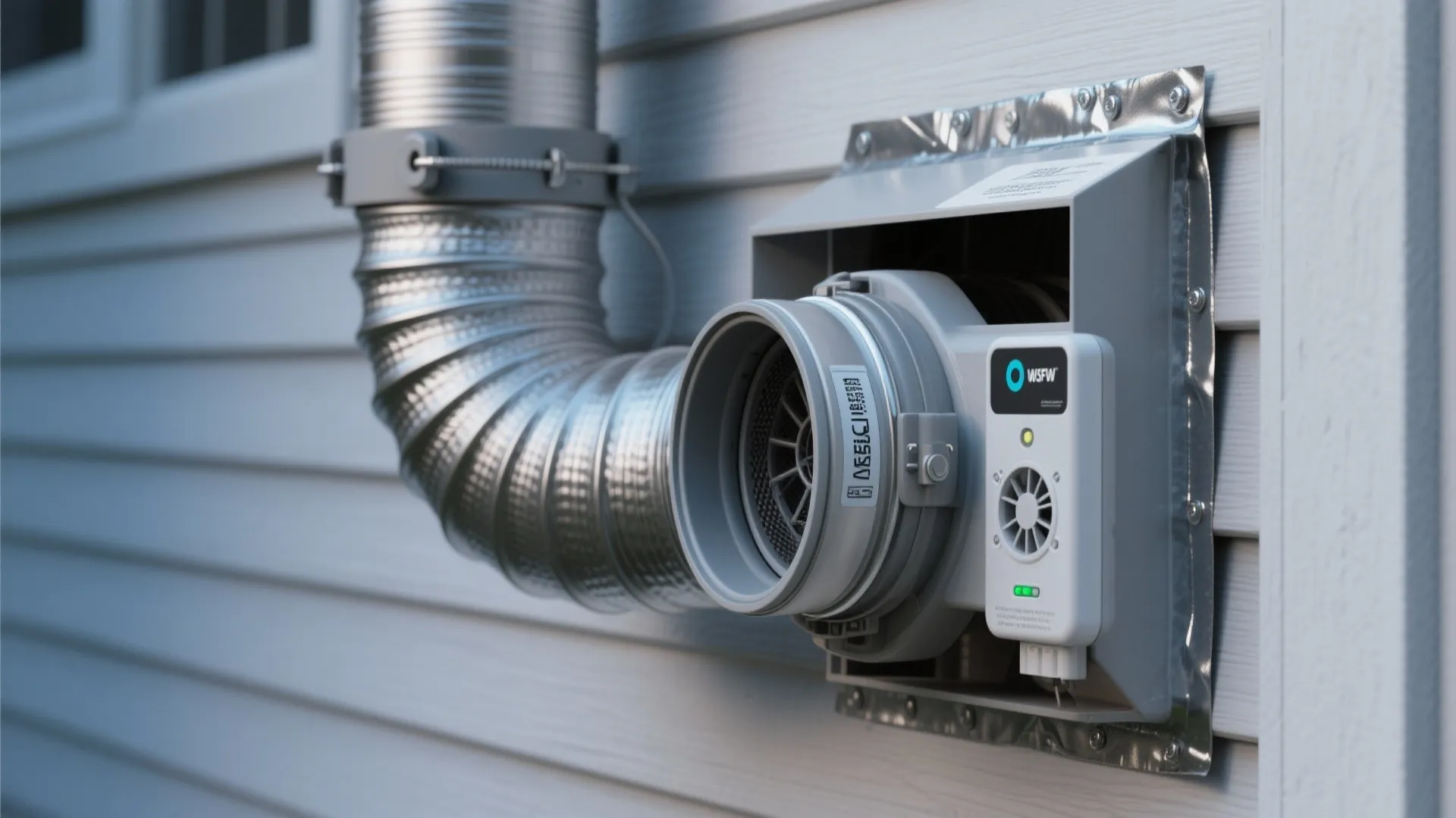 Silver flexible metal pipe connected to a grey plastic vent box on a light grey wall