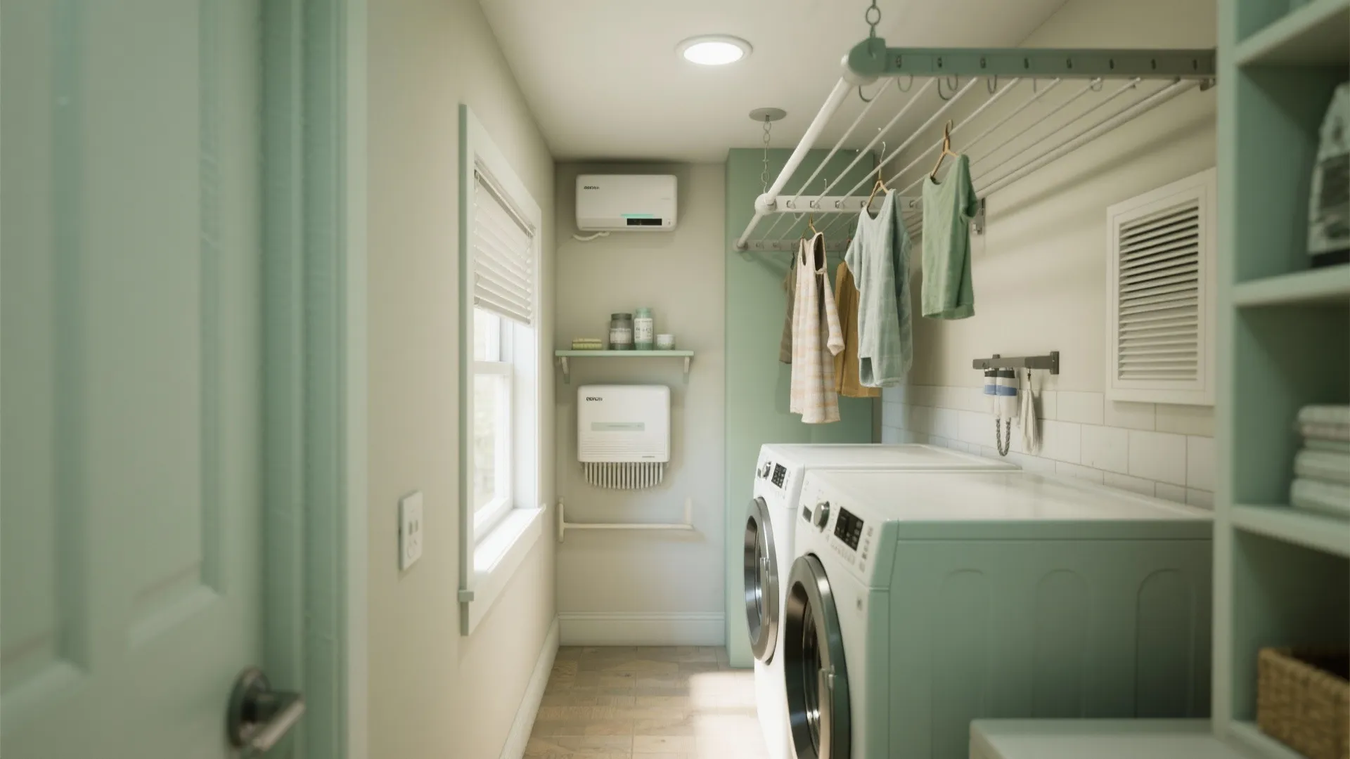 Ceiling-mounted drying racks in a narrow laundry alcove above machines