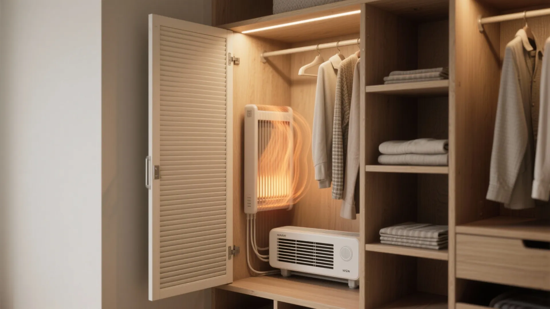 Wooden closet interior with a small white heater drying hanging clothes and neatly folded towels