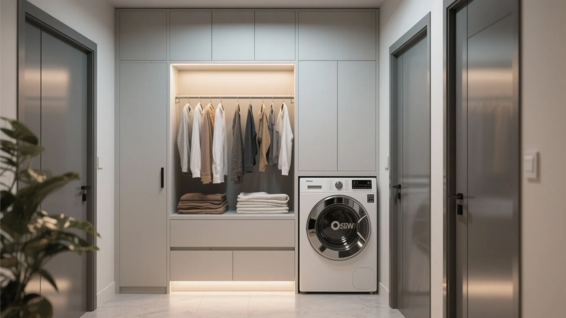 Modern laundry area with grey built in cabinets washing machine hanging clothes and warm lighting