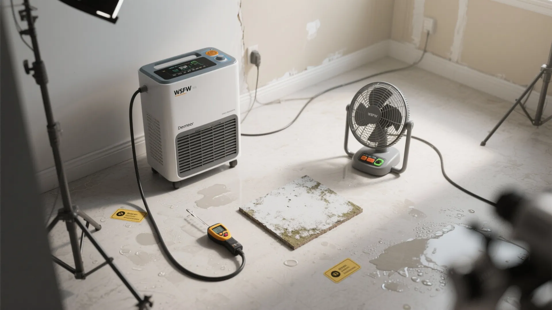 White portable dehumidifier and electric fan drying wet floor tiles inside a room with water