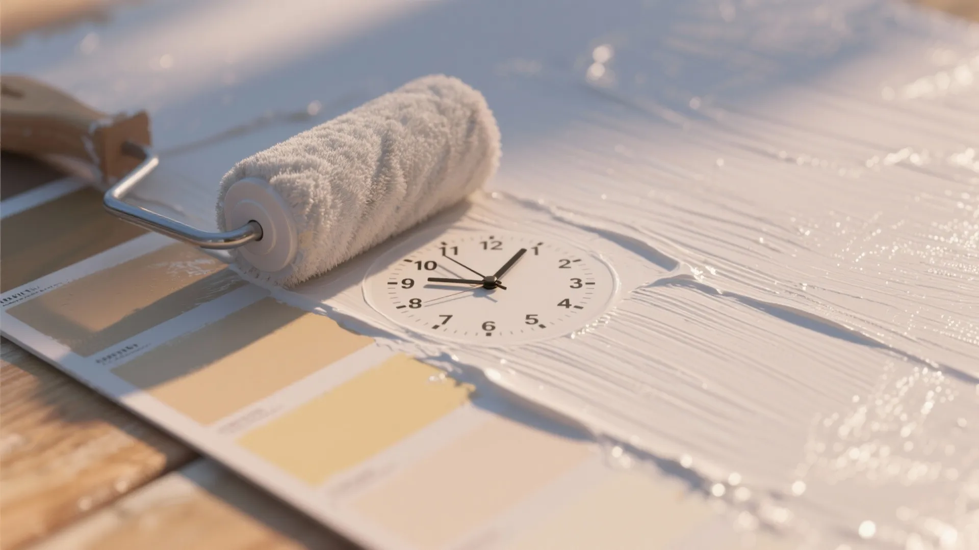 Macro closeup of drying latex paint on a sample strip beside a clock indicating drying time.