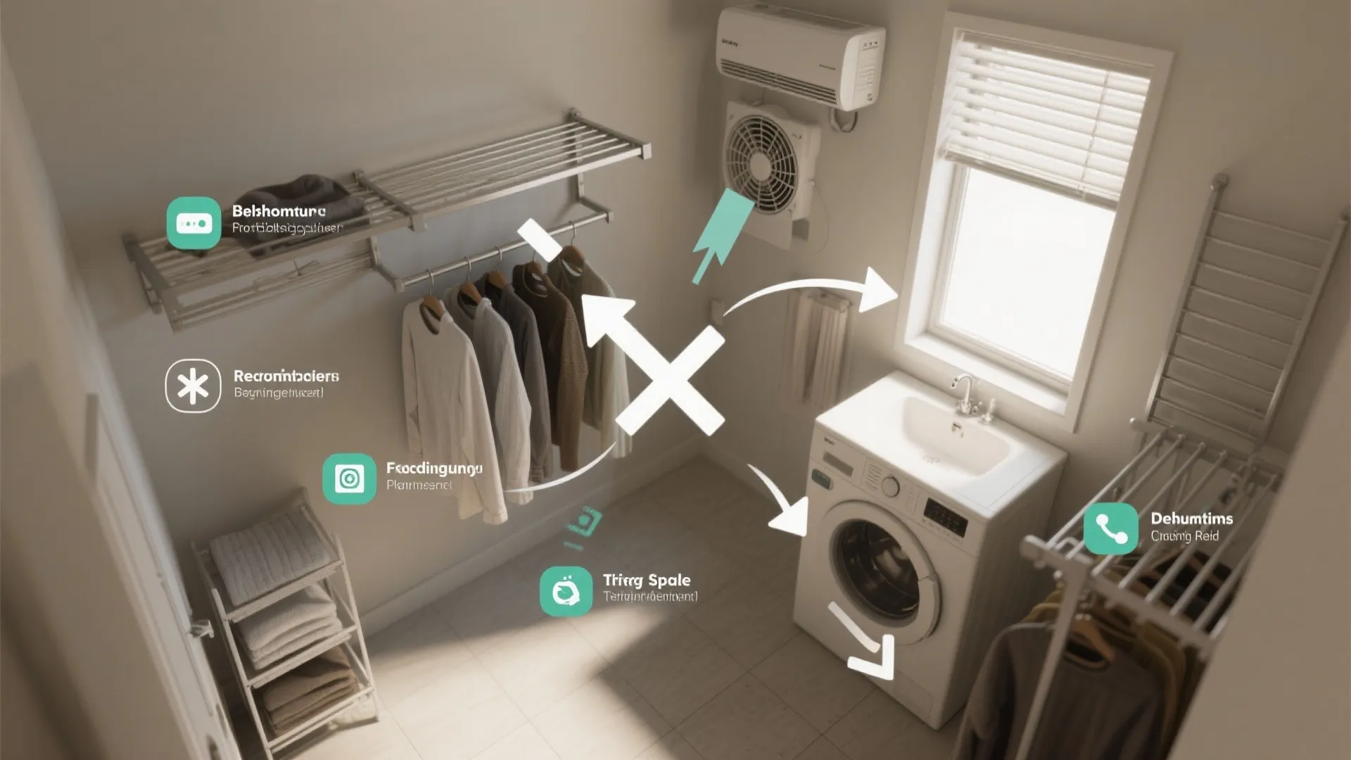 Small laundry room showing washing machine and sink with clothes hanging on metal wall racks