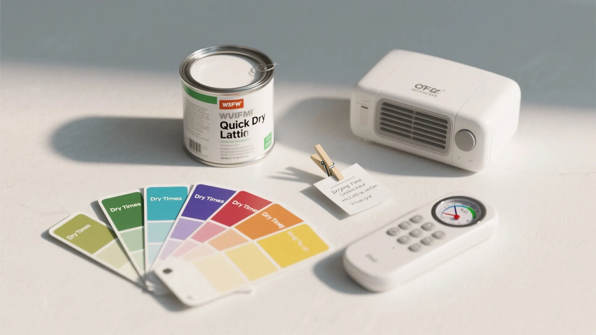 Flat lay of paint can color swatches small heater and remote control on white surface