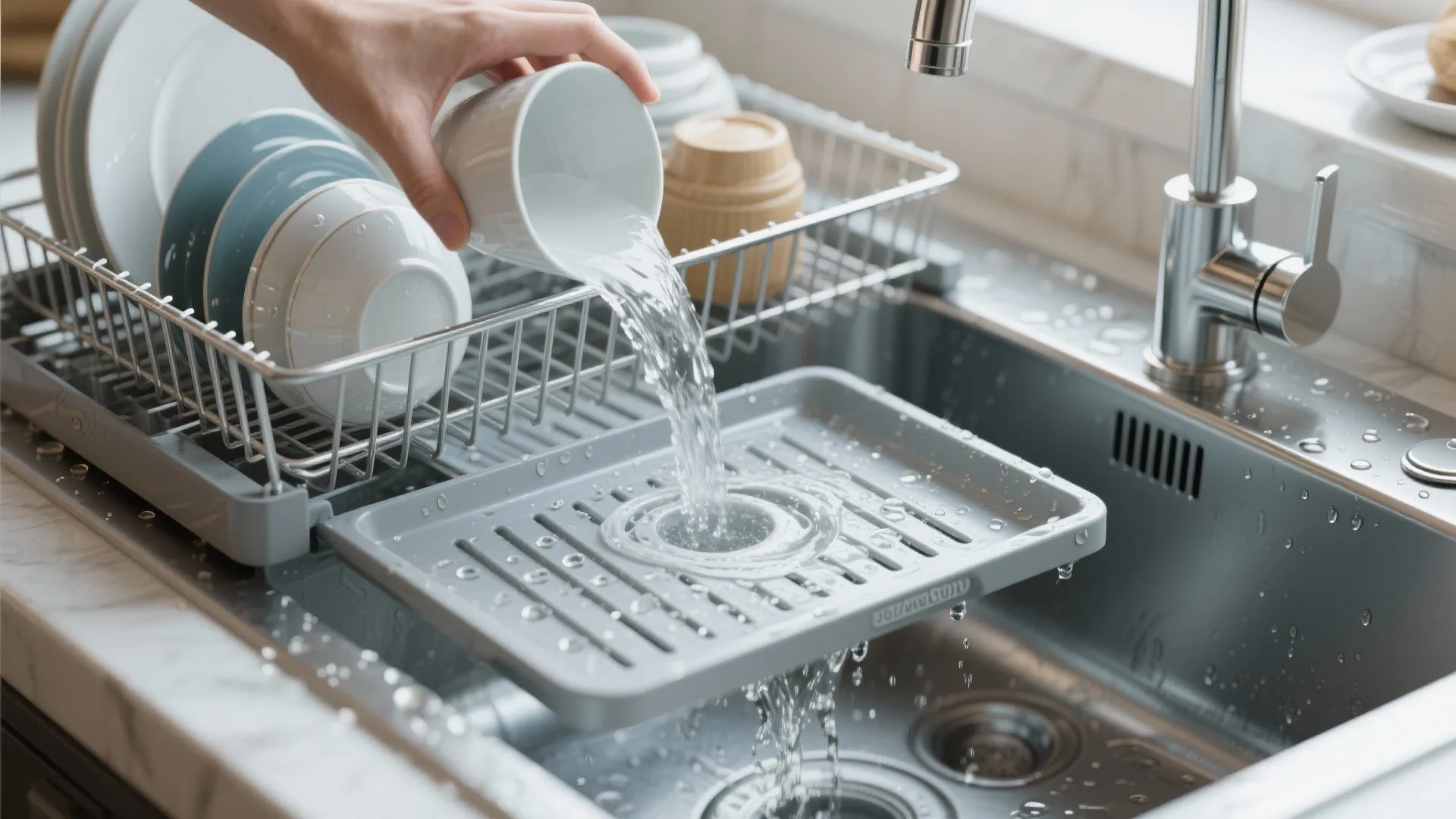 Person pouring water from a cup onto a grey silicone drying mat over kitchen sink
