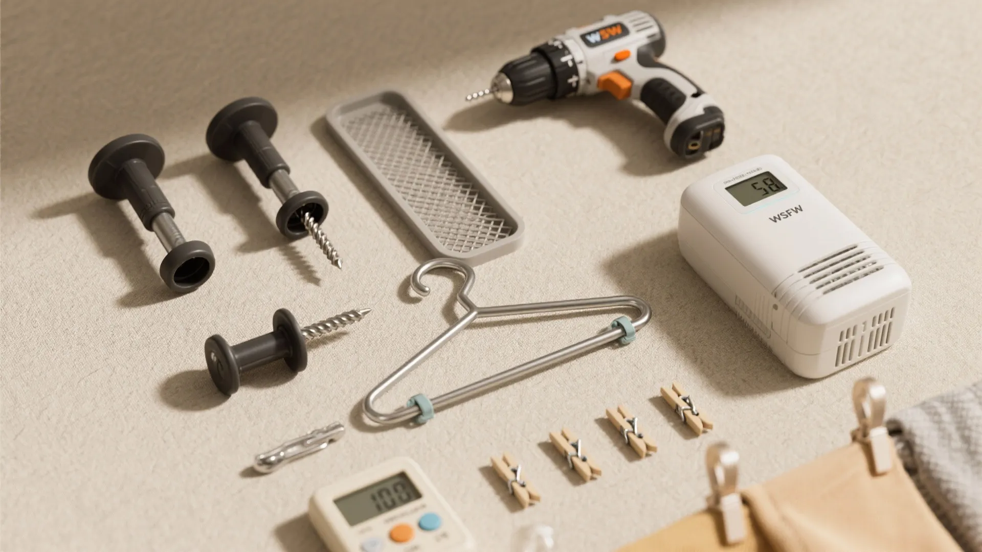 Various laundry drying tools including a drill clothes hangers and small wooden clips on flat surface