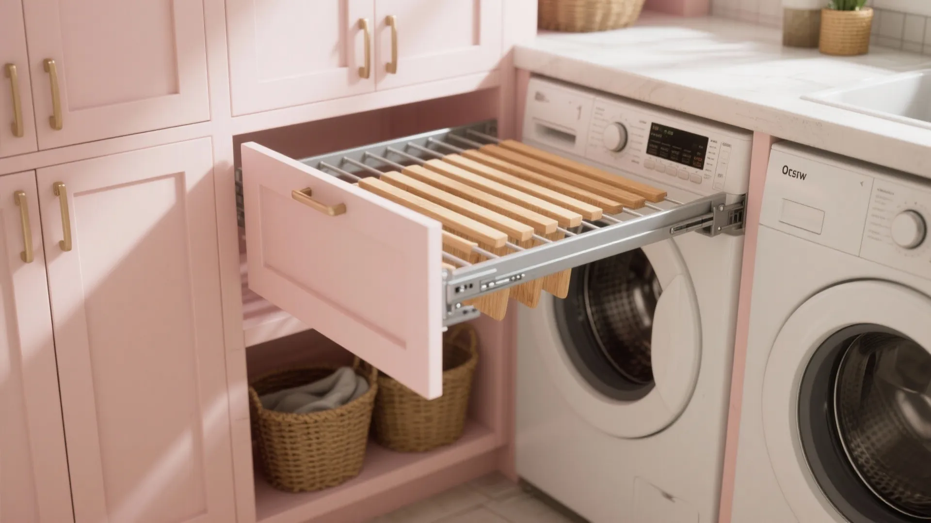 Pink laundry room cabinet with pull-out wooden drying rack next to a white washing machine