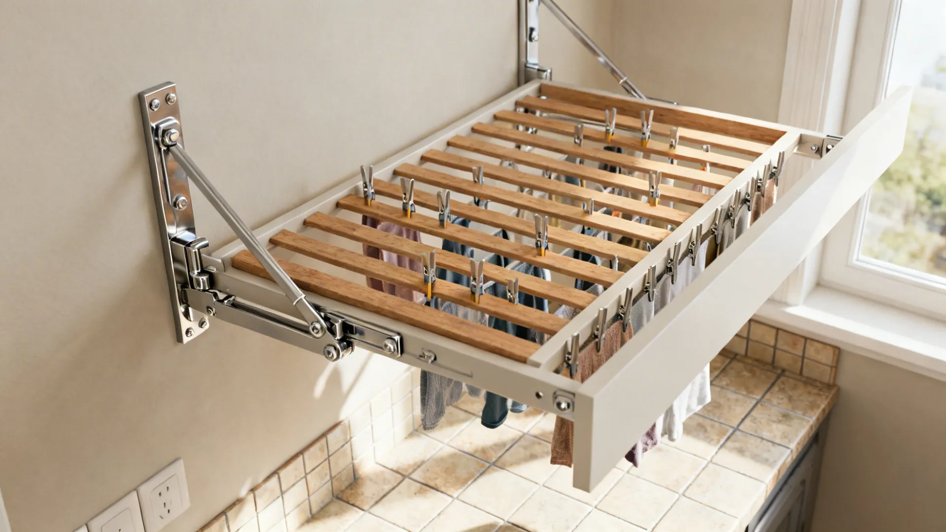Top-down view of a fold-down table revealing a slatted drying rack with delicate items hung to dry.