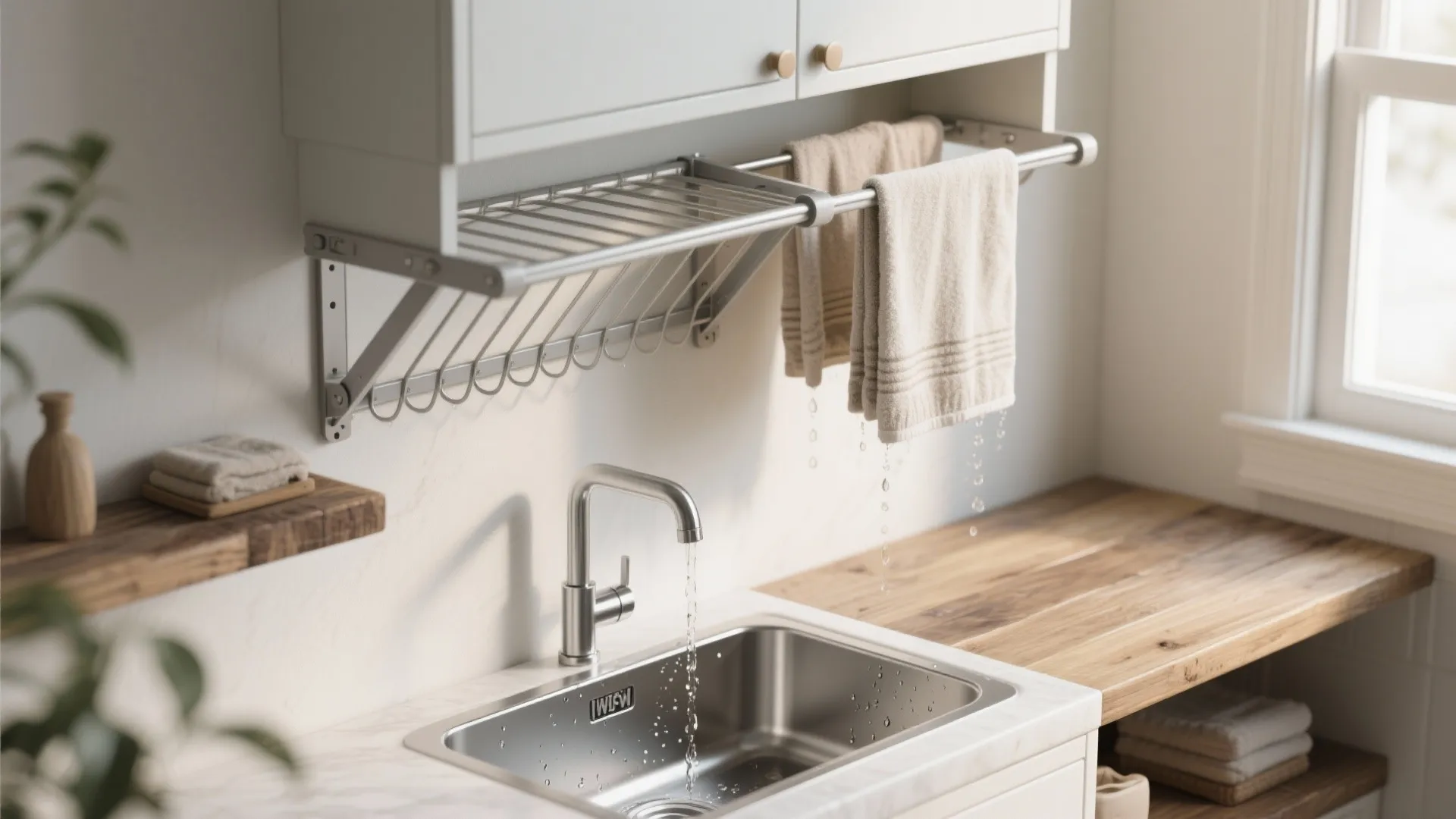 Modern laundry room sink with a wall mounted drying rack and wet towels hanging above