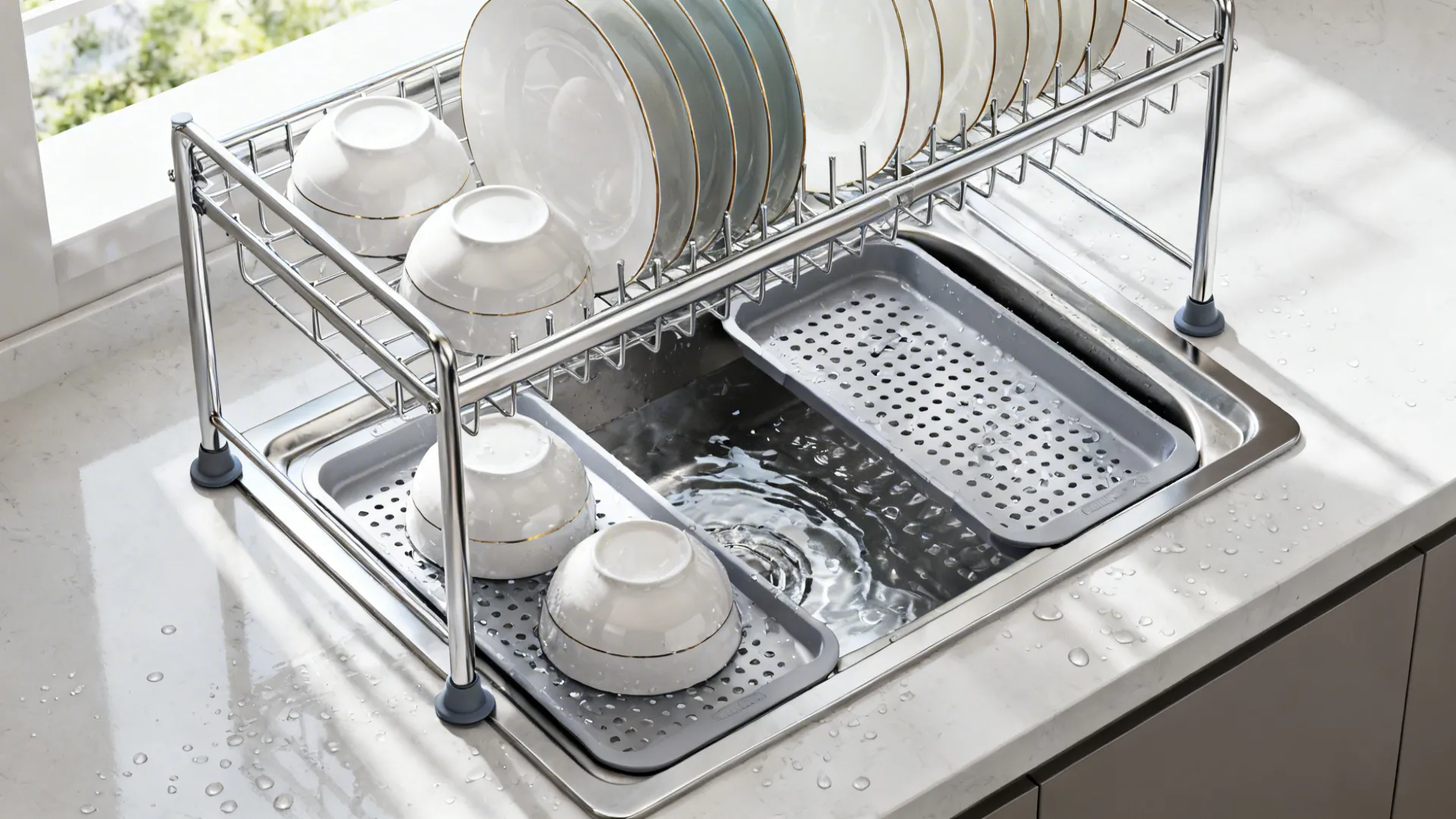 Top-down view of an over-sink drying rack with removable drip trays and plates draining.