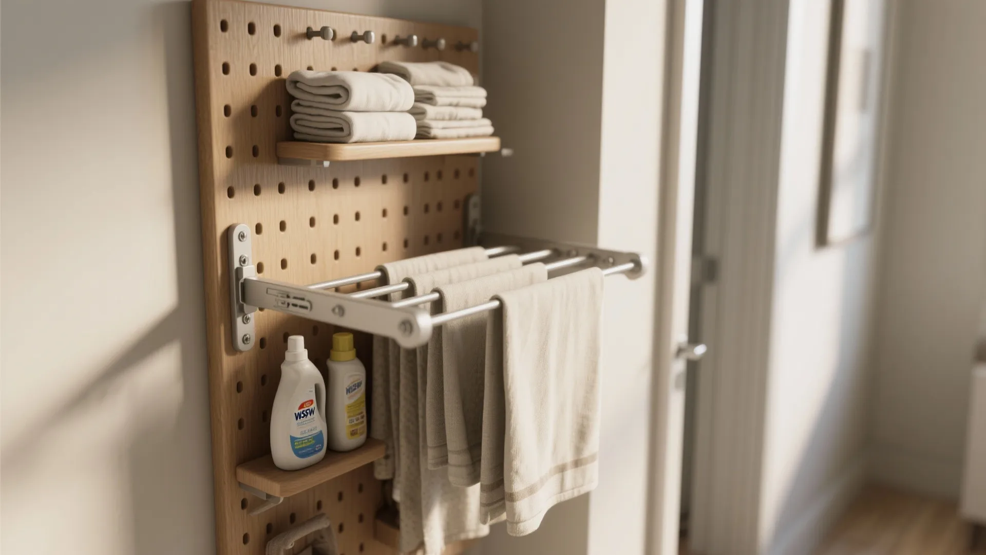 Wooden wall pegboard featuring small shelves with folded towels plus bottles beside a metal rack