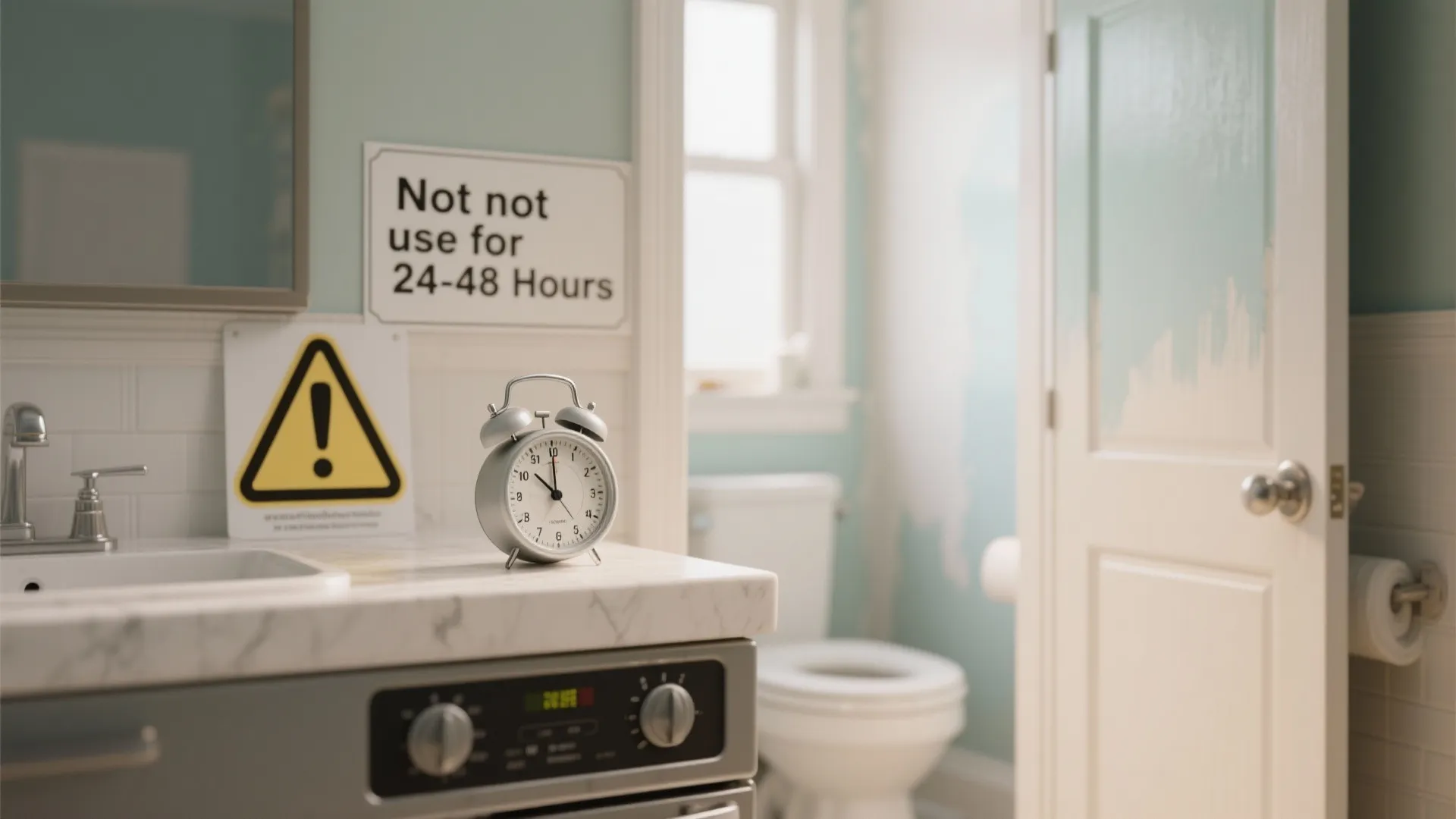 Silver alarm clock on bathroom counter with warning sign and twenty four hour drying notice