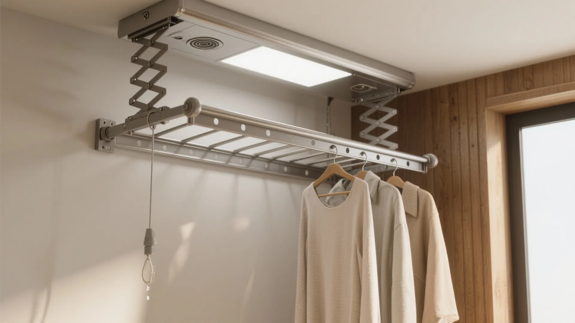 Automatic ceiling clothes drying rack with built in light fixture hanging shirts in a modern home