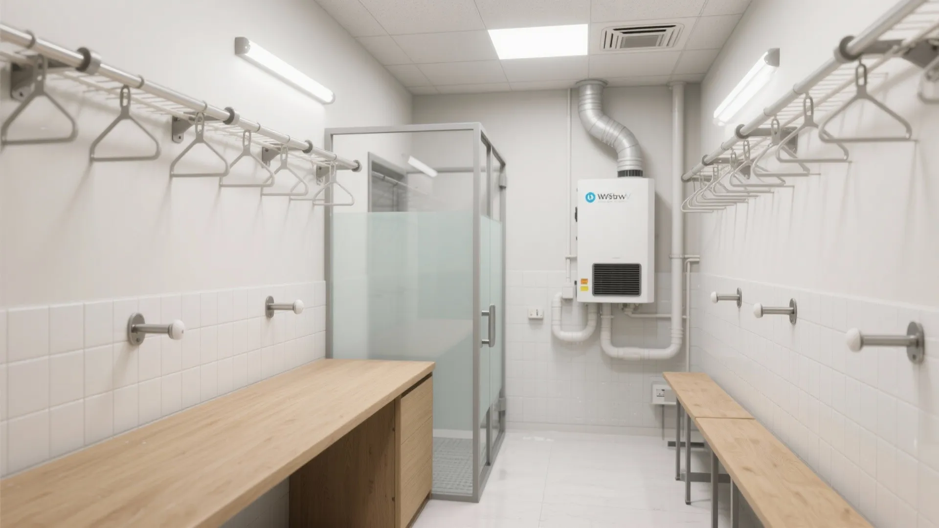 Laundry drying room with clothes hangers on wall racks wooden benches and a water heater
