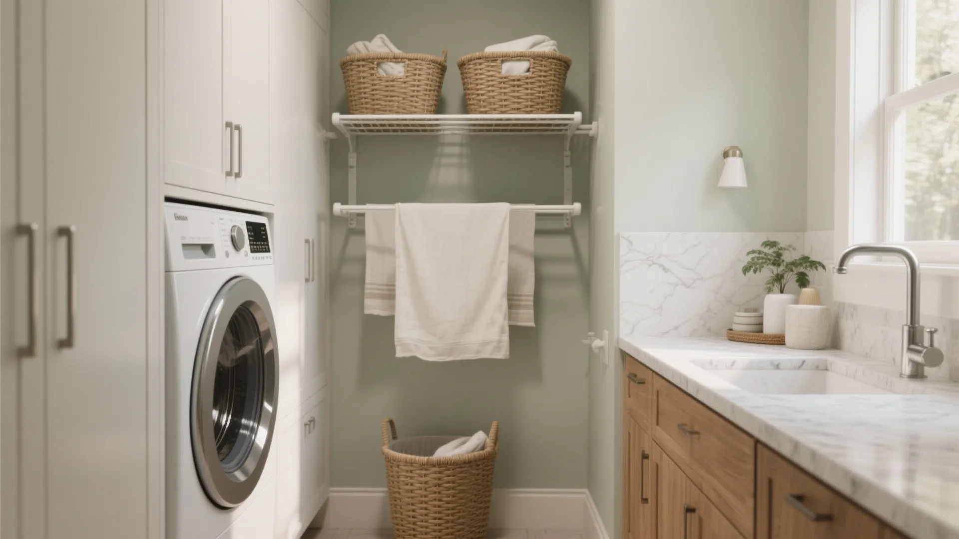 Laundry room with washing machine built into white cabinets woven baskets and marble sink countertop area