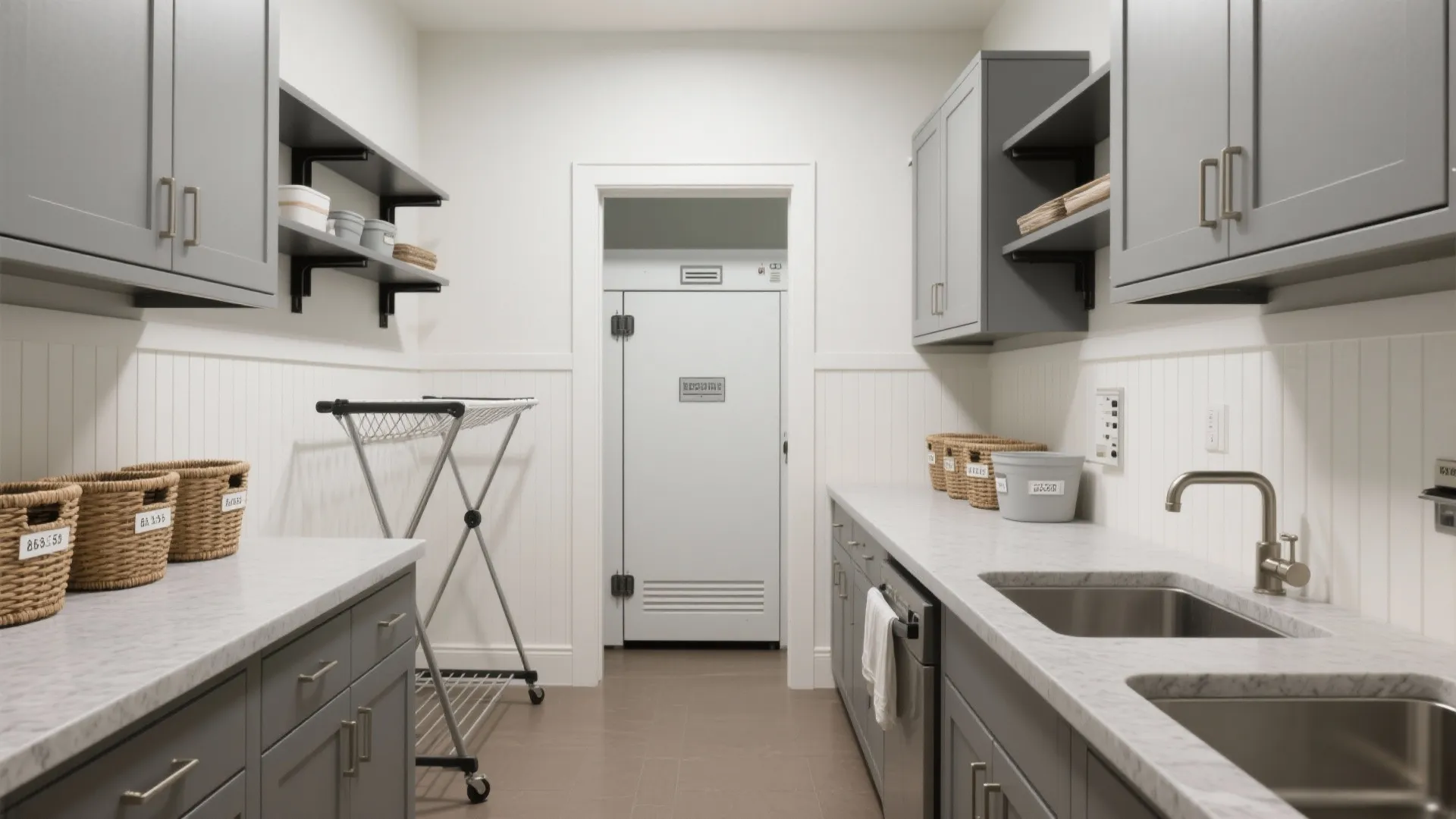 Modern laundry room showing grey cabinets marble countertops sink woven baskets and a drying rack