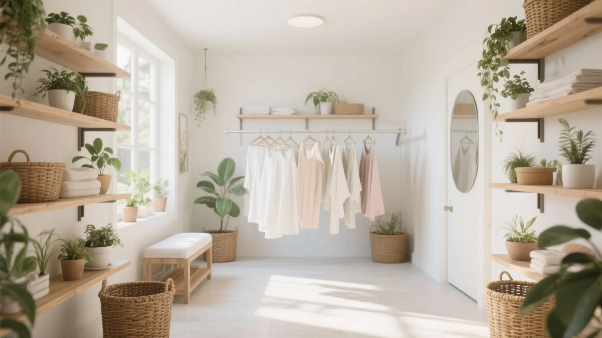 Bright white laundry room with many potted plants wooden shelves hanging clothes and woven storage basket