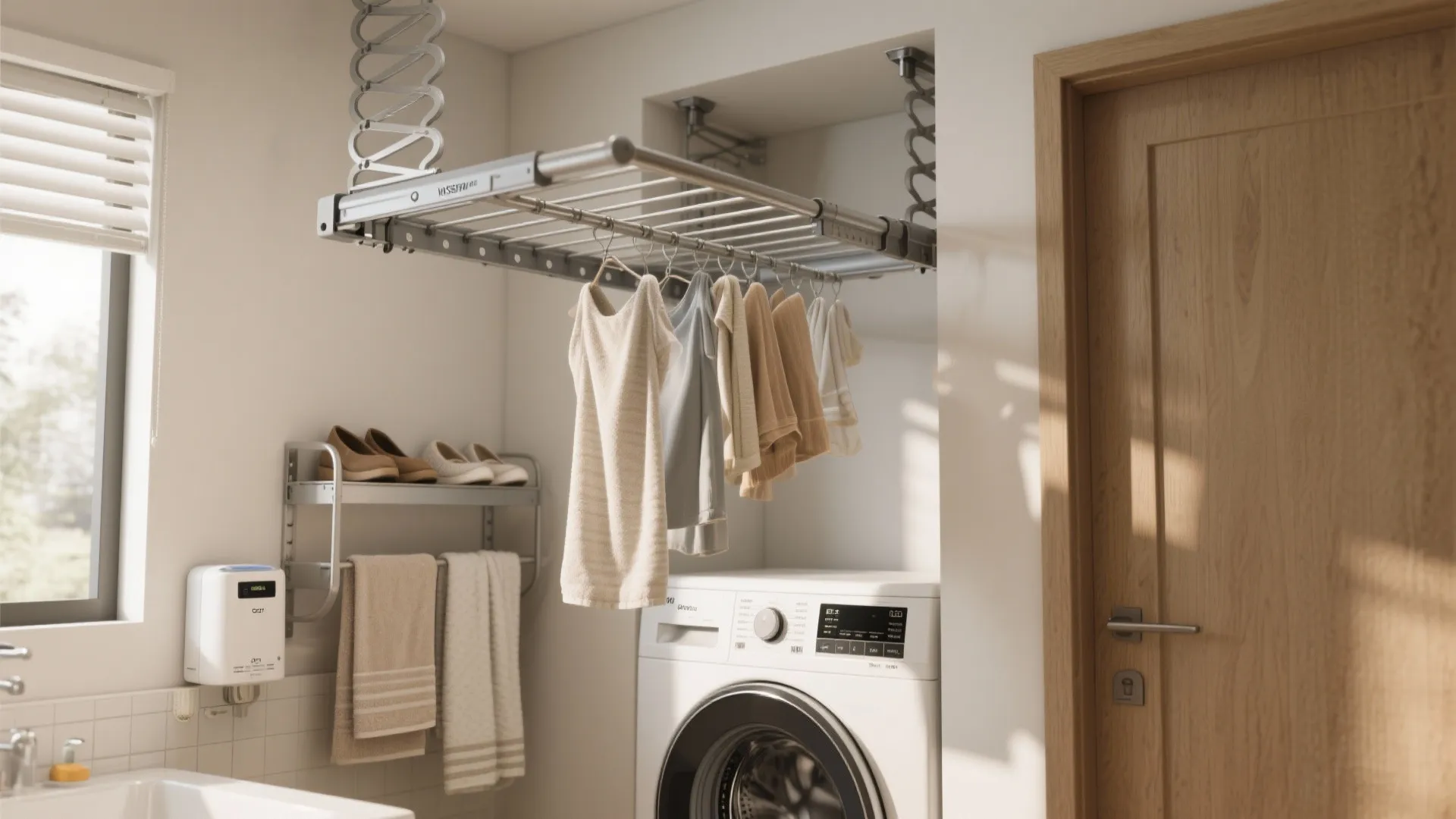 Laundry room with washing machine and ceiling mounted drying rack for clothes near a window