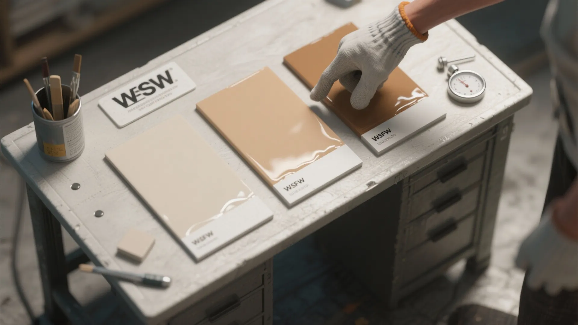 Gloved hand pointing at three rectangular paint color samples on grey desk with small tools