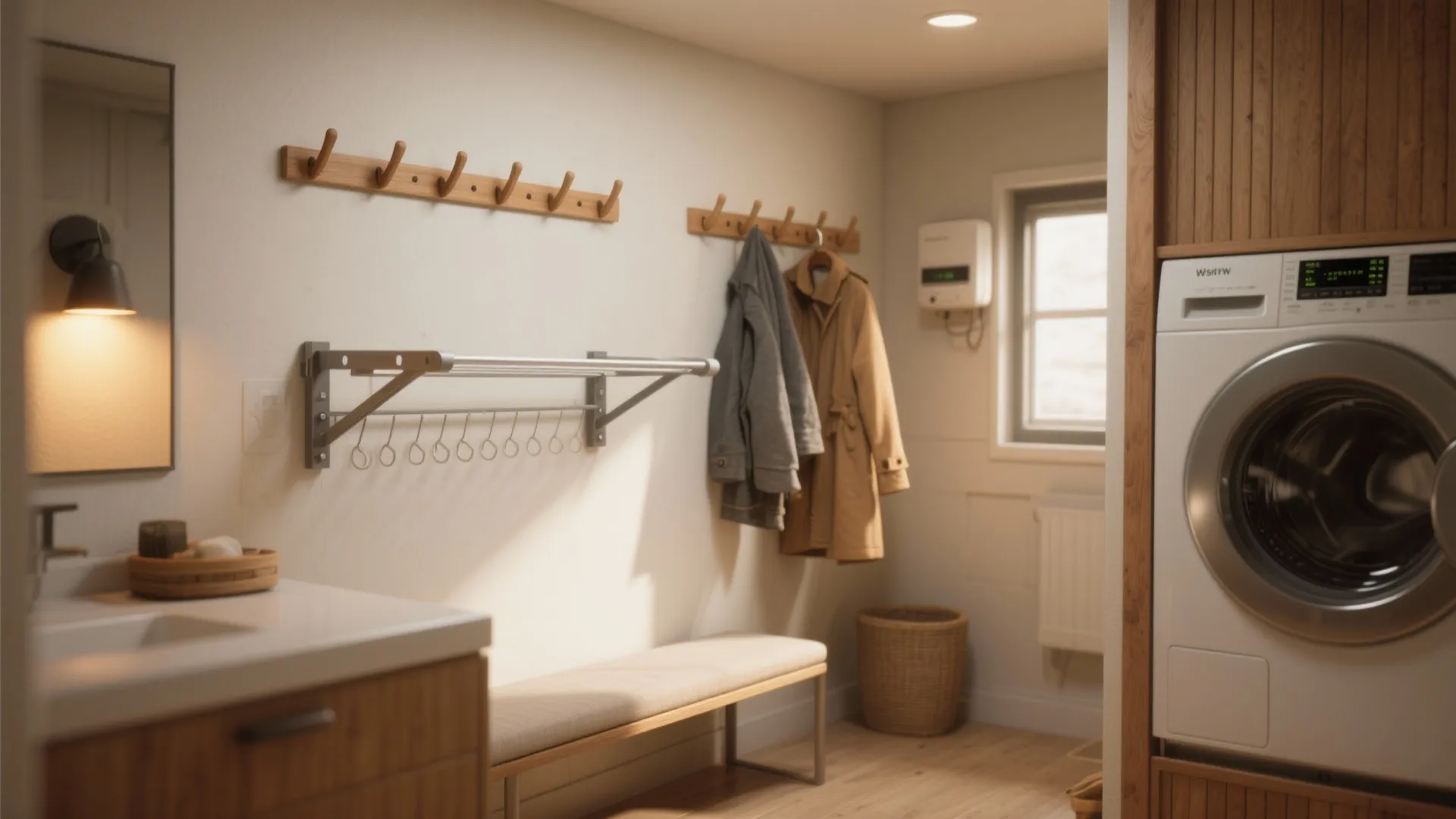 5. Dedicated drying wall with hooks, pegs and a heat rack