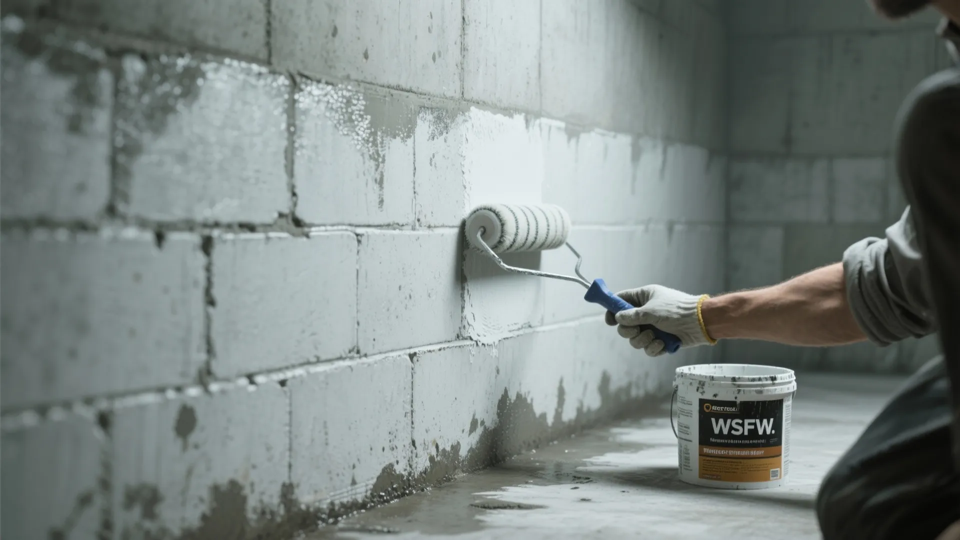 Person using paint roller to apply white waterproof coating on grey basement cinder block wall