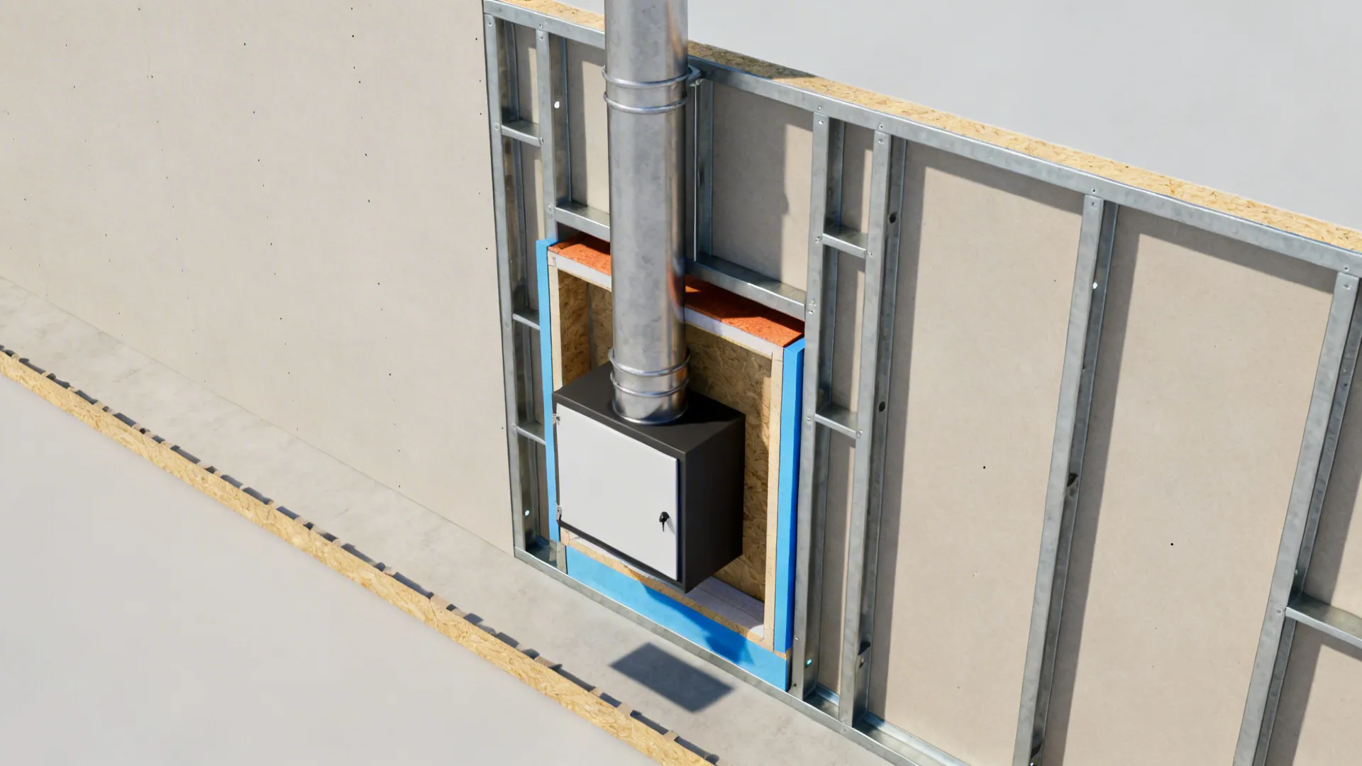Interior design drawing showing metal wall frame with silver pipe and small box for room construction